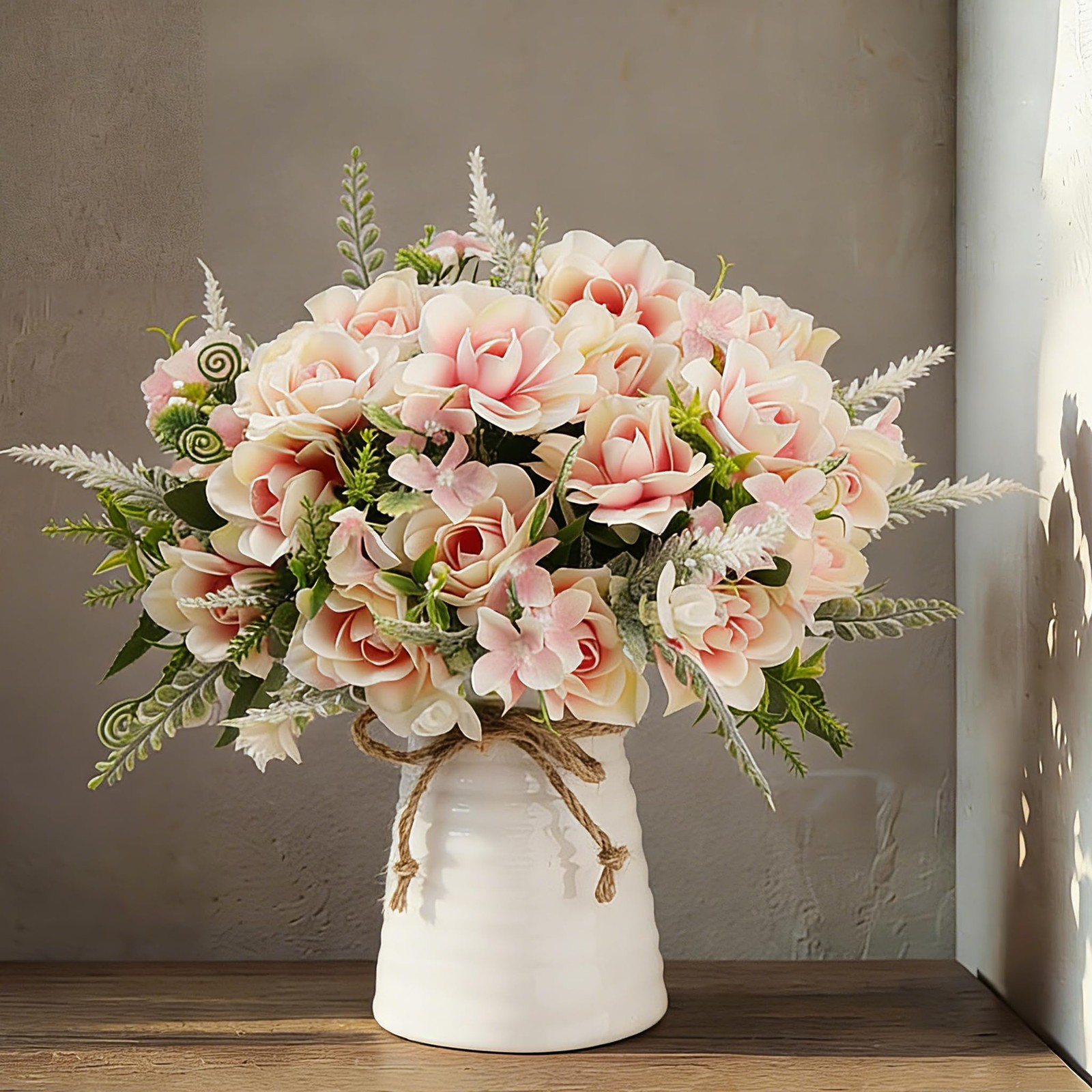 Pink Fake Silk Gardenia Artificial Flower Vase Table Centerpiece Decor Office