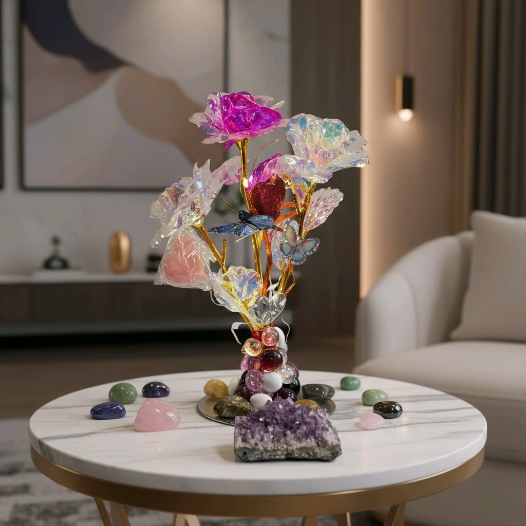 Floral Arrangement With Vase And Lights-New-Hand Crafted
