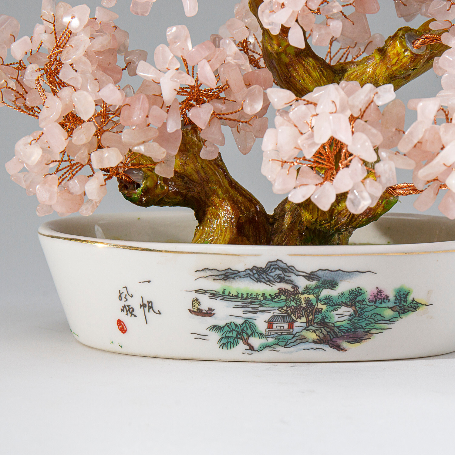 Genuine Rose Quartz Gemstone Bonsai Tree in Oval Ceramic Pot (7”)