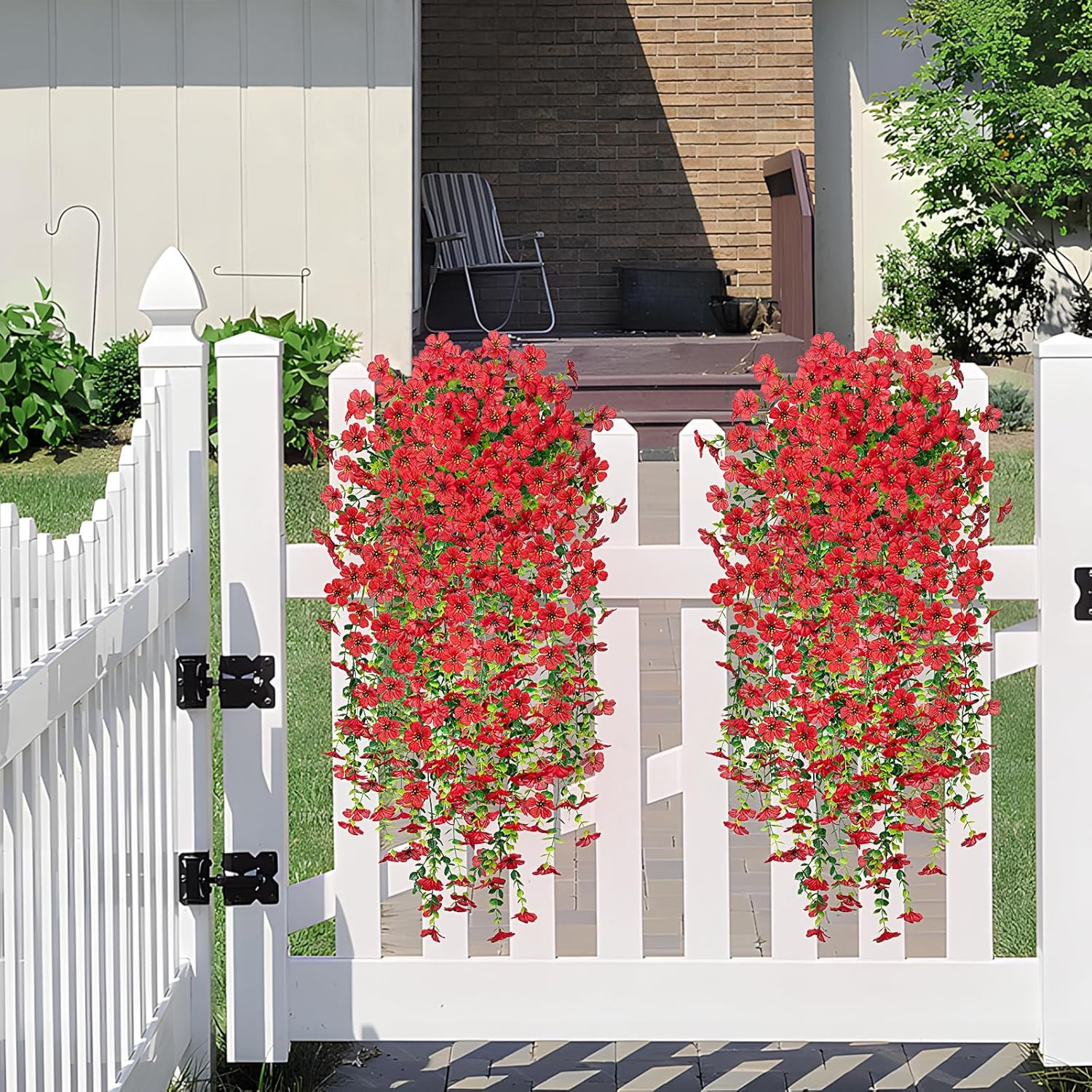 Artificial Fake Hanging Plants Flowers for Spring Outdoor Outside Decor, Red