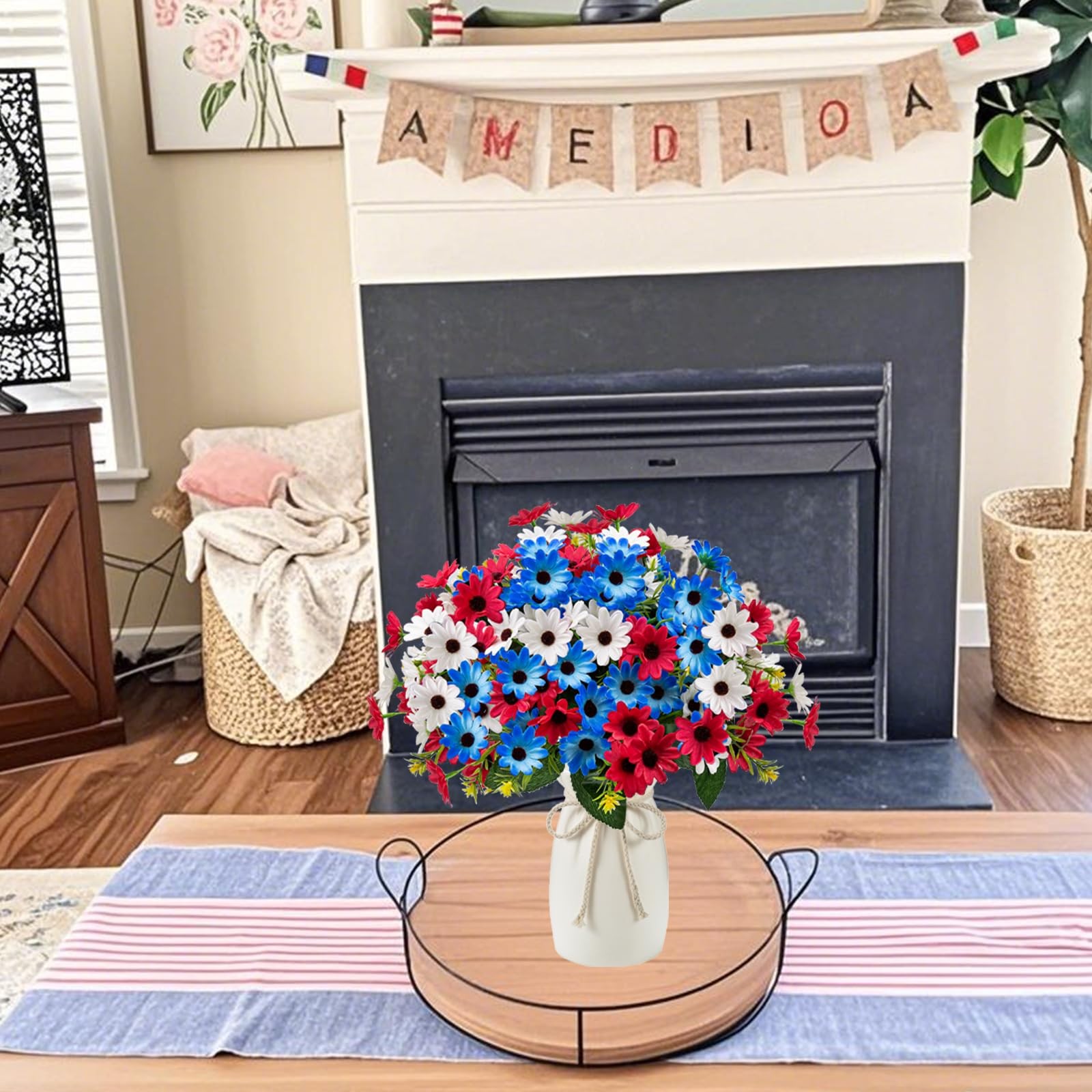 6 Bundles Red White and Blue Flowers, Artificial Daisy Flowers for Outdoor Me…