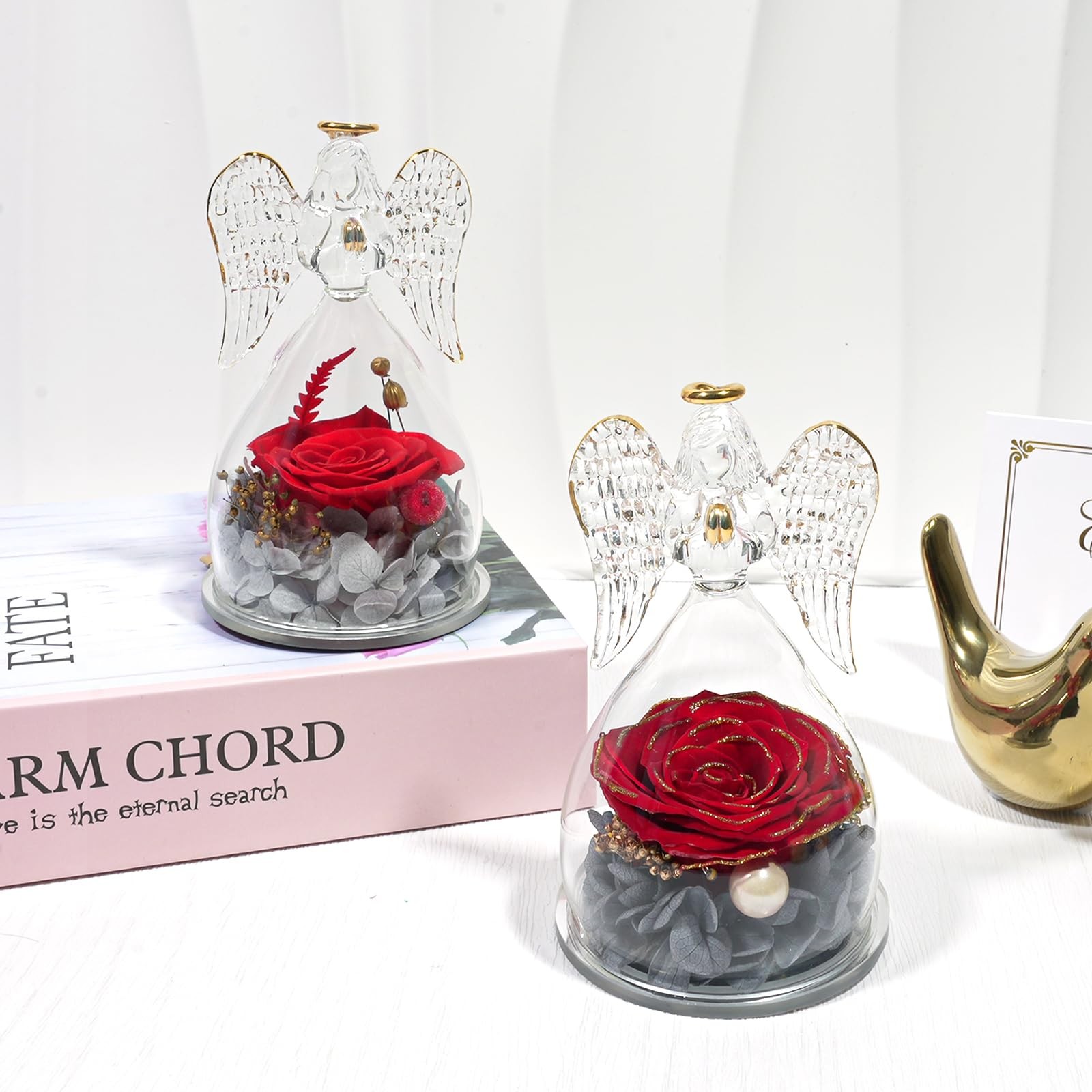 Angel Figurines With Real Rose Preserved Flowers Mothers Day Gift Redgold