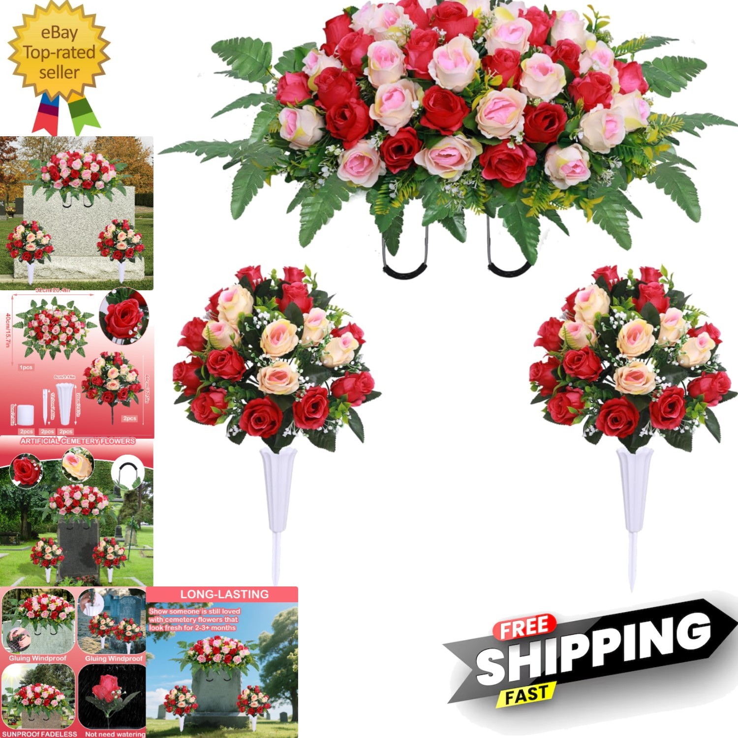 3 Pcs Artificial Cemetery Flower Saddles, Rose Headstone Flower Saddle,Cemete…