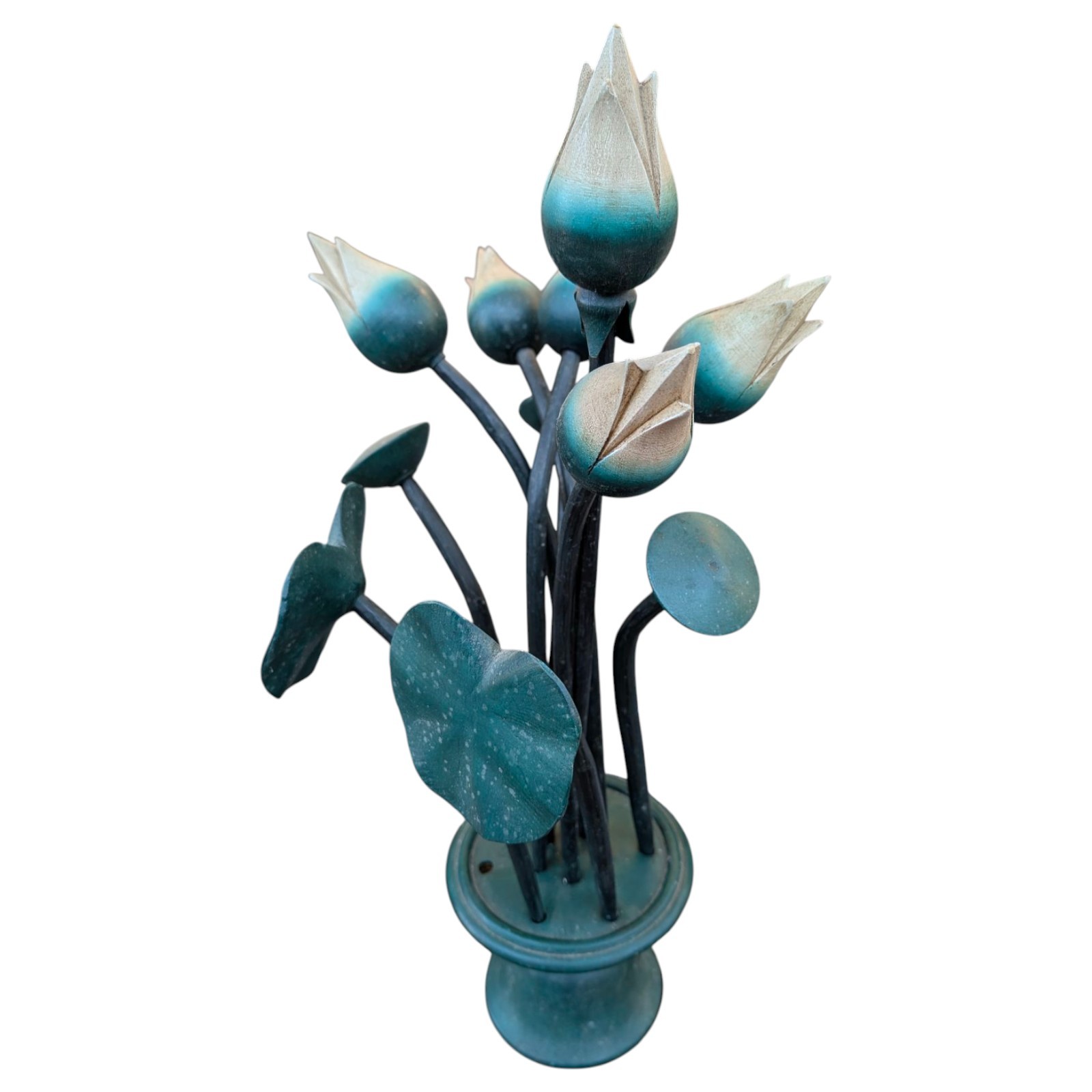 Vintage Mid Century Green Hand Carved Wooden Tulip On A Wooden Flower Frog Base
