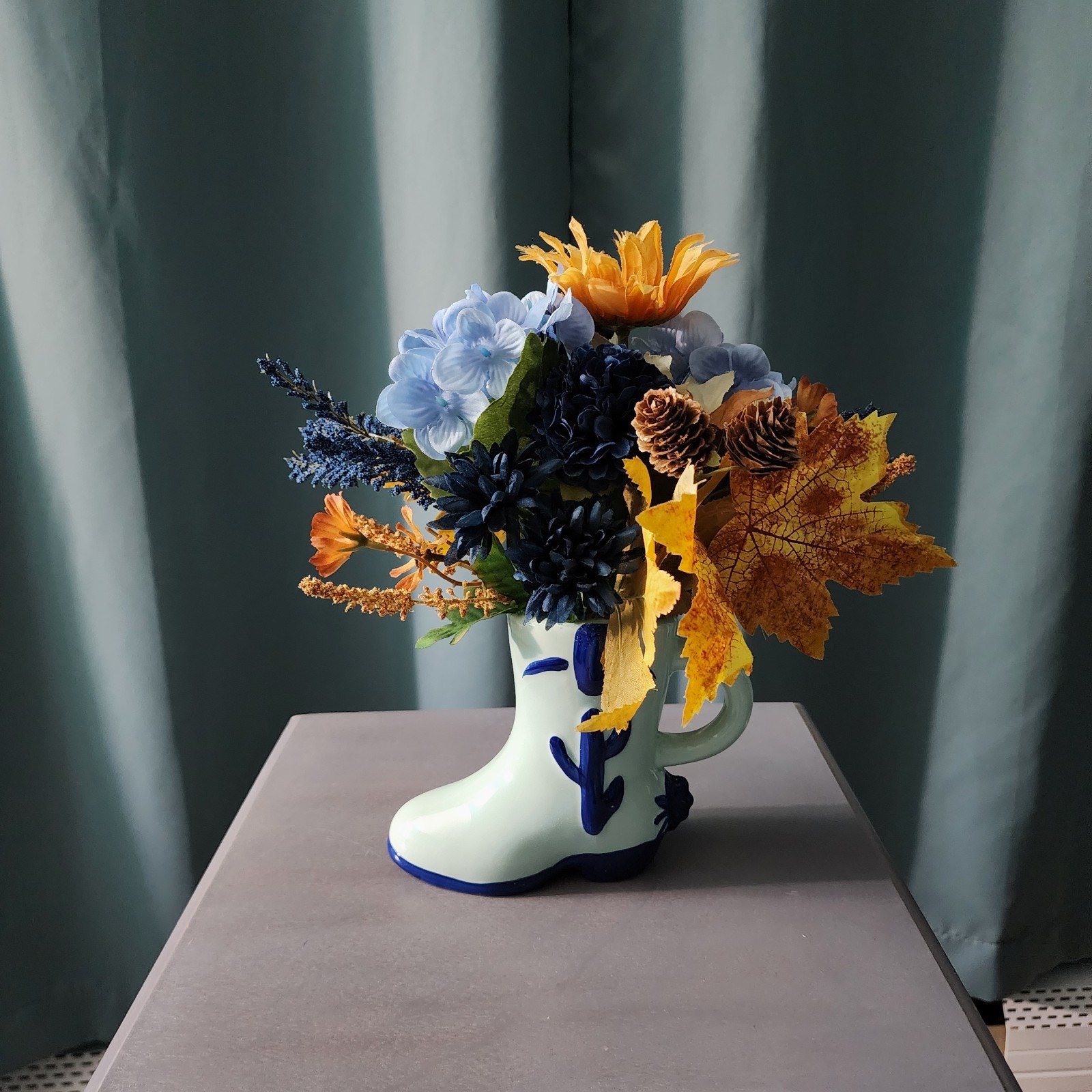 New Autumn Floral Arrangement In Ceramic Boot Mug Vase Fall Decor