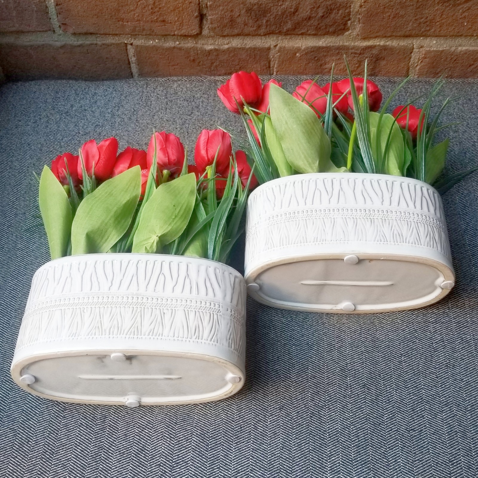 Red Tulips Flowers Planters Artificial Potted Houseplants White Pots Fake Set x2