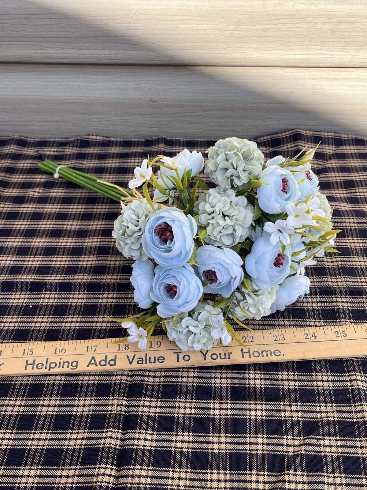 Lot of 2 Faux Floral Bouquet Bundles Blue Pink Peony Ranunculus Cottagecore
