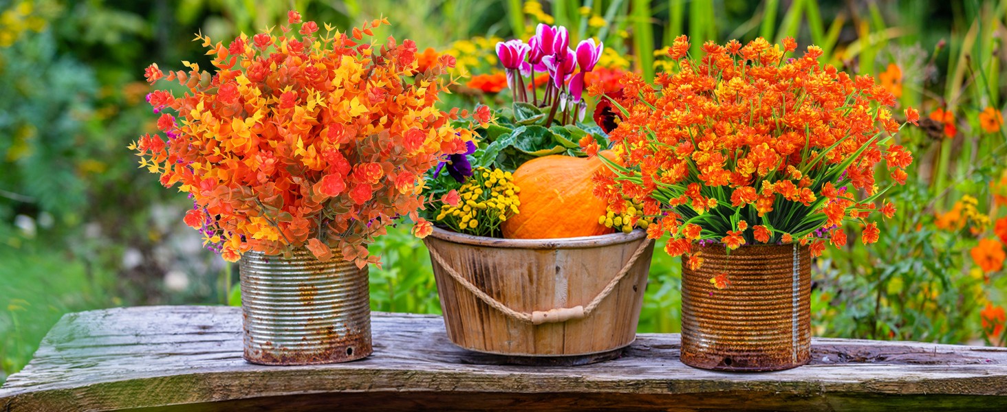 24 Bundles Artificial Fall Flowers Outdoor Indoor Decoration, Fake Plastic