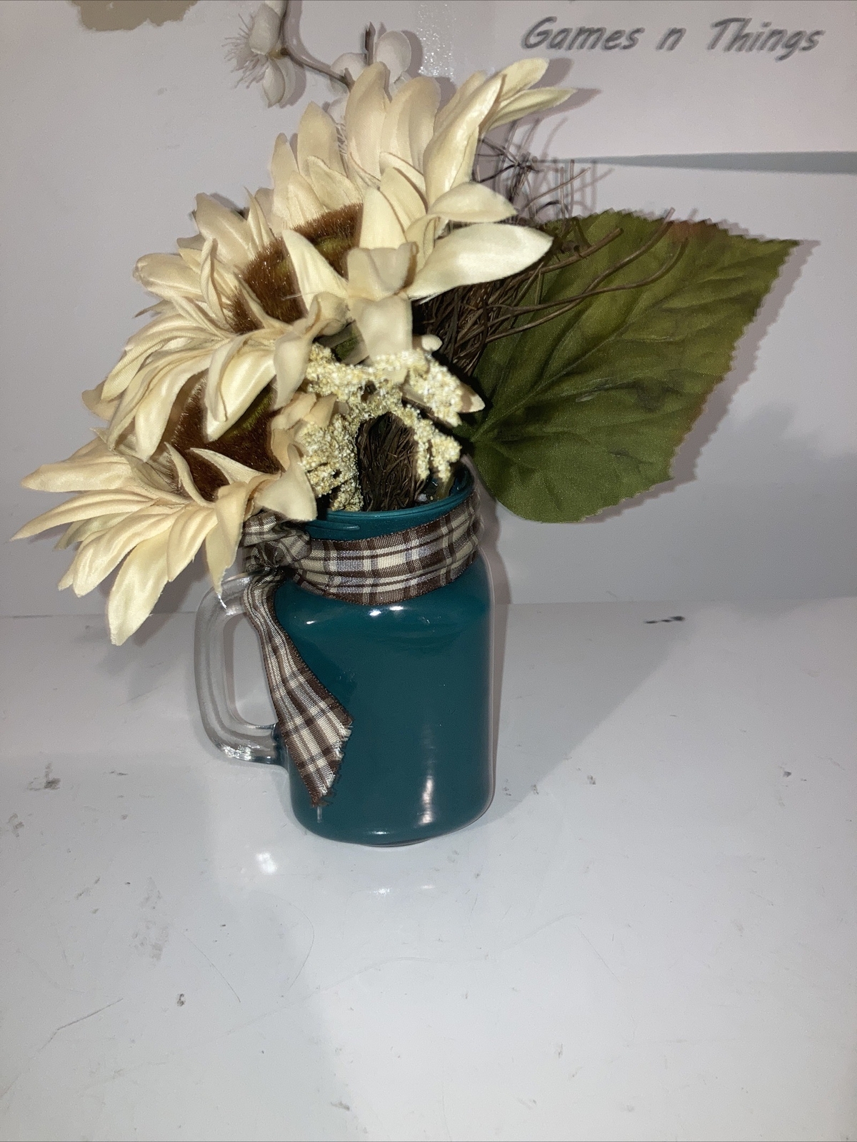 Floral Arrangement Sunflowers In Mason Jar Mug 11” Tall 5-6” Wide