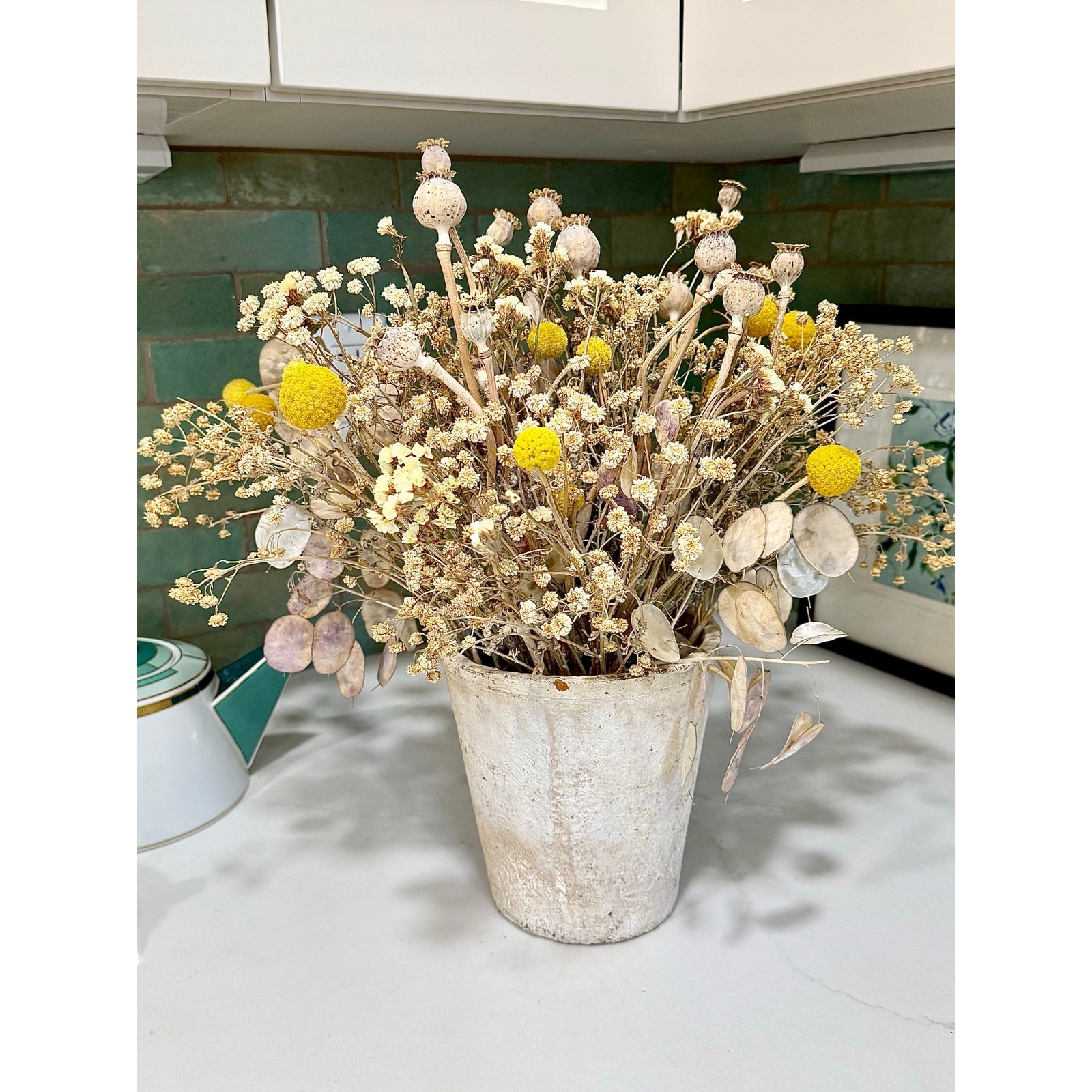 Dried Seed Pod Bouquet 16” Yellow Billy Buttons Boho Wedding Centerpiece Natural