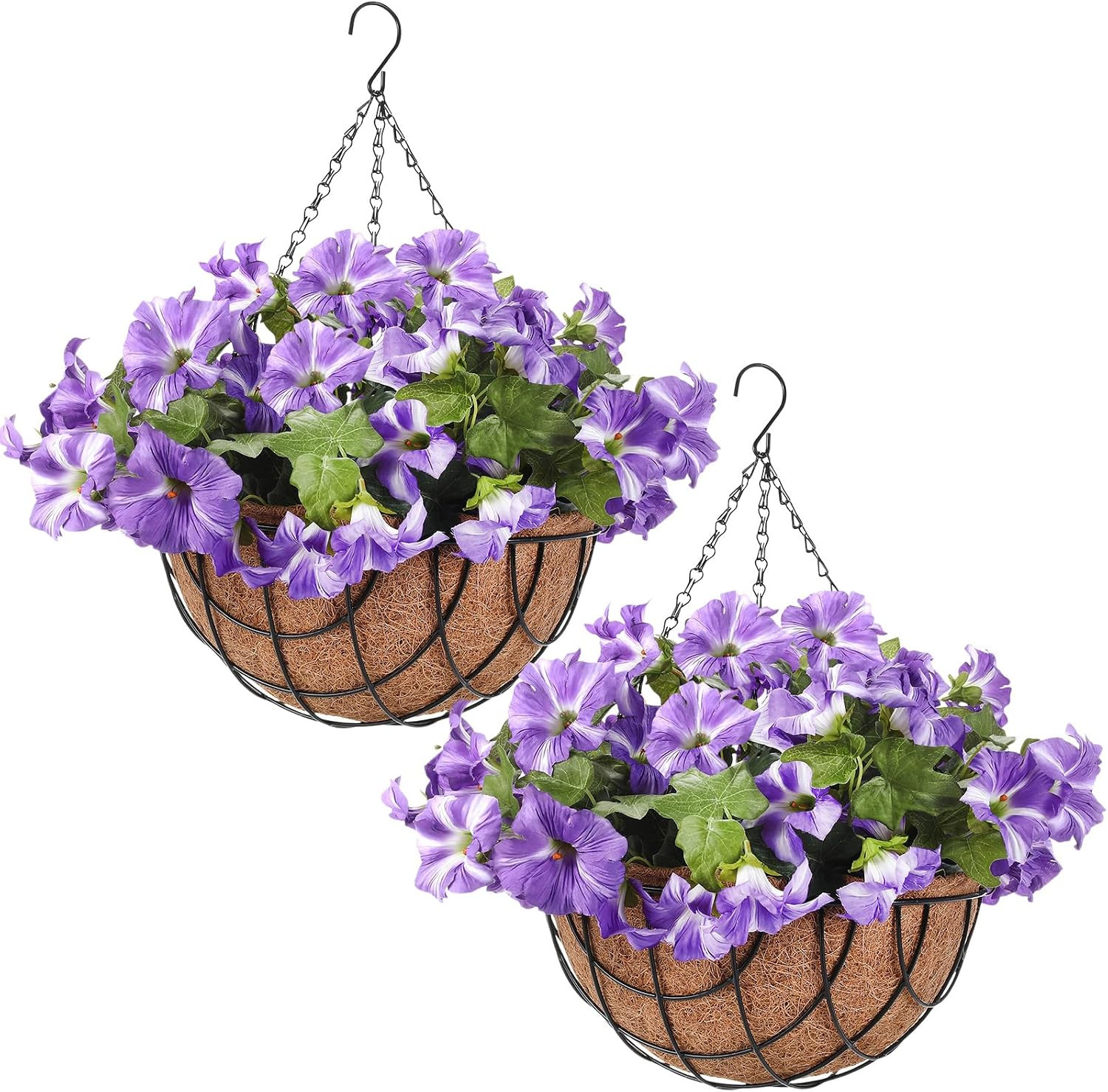 2 Pack Faux Petunia Hanging Flowers in 12″ Basket for Outdoor Decor (Purple)