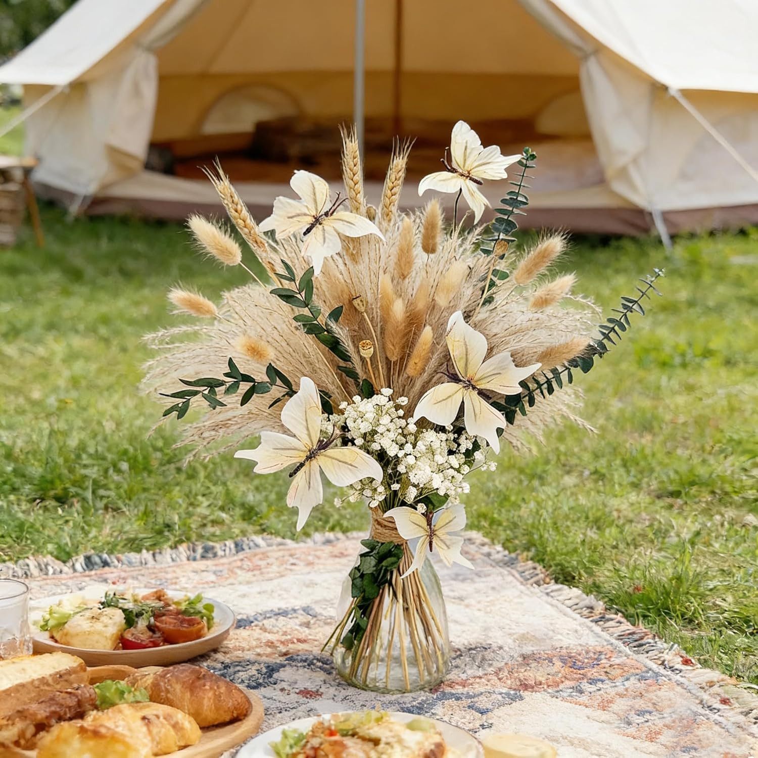 Pampas Grass Dried Flower Bouquet for Boho Home Decor | Eucalyptus, Butterflies