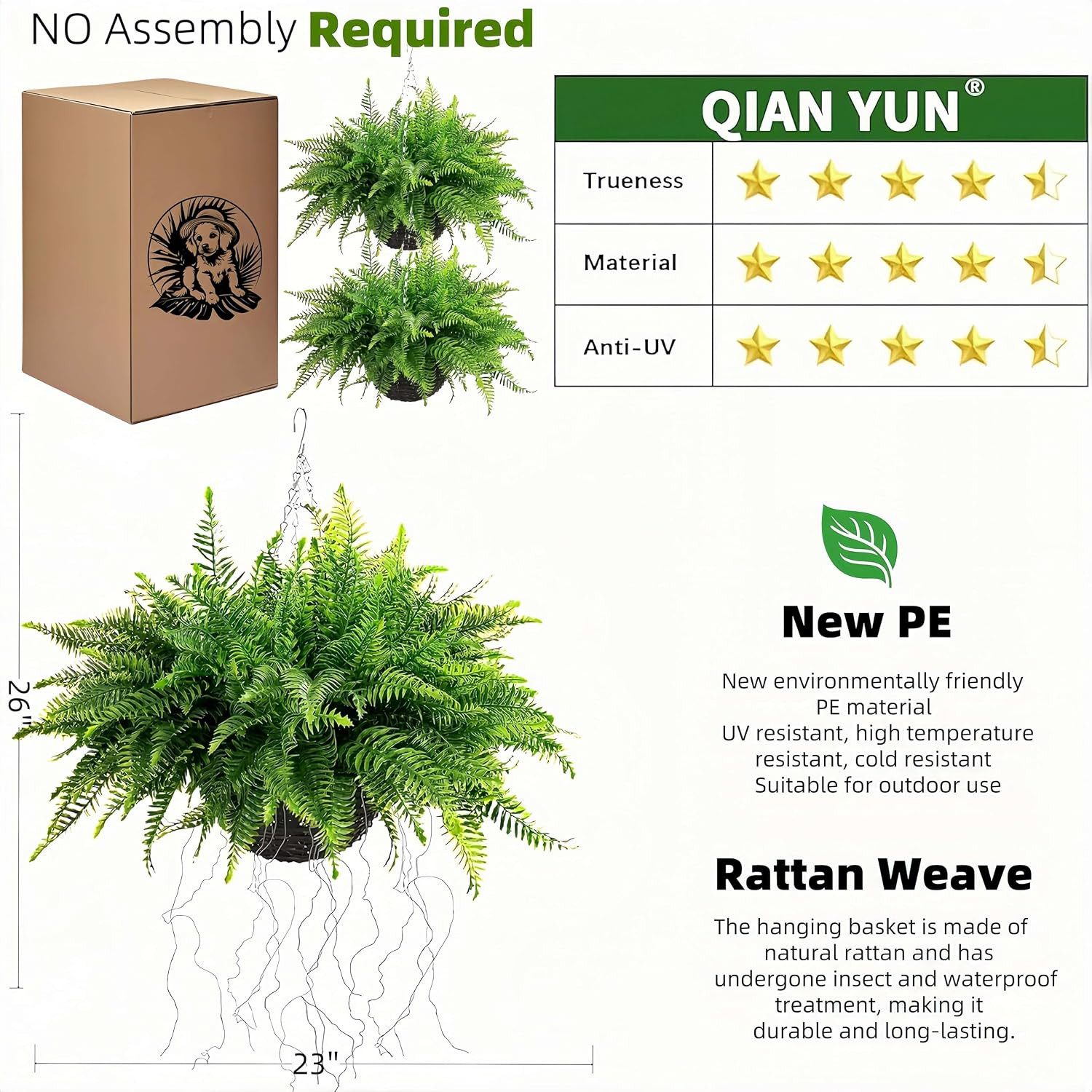 Outdoor Fake Hanging Fern – Artificial Hanging Ferns 2 Pack, Large Faux Boston F