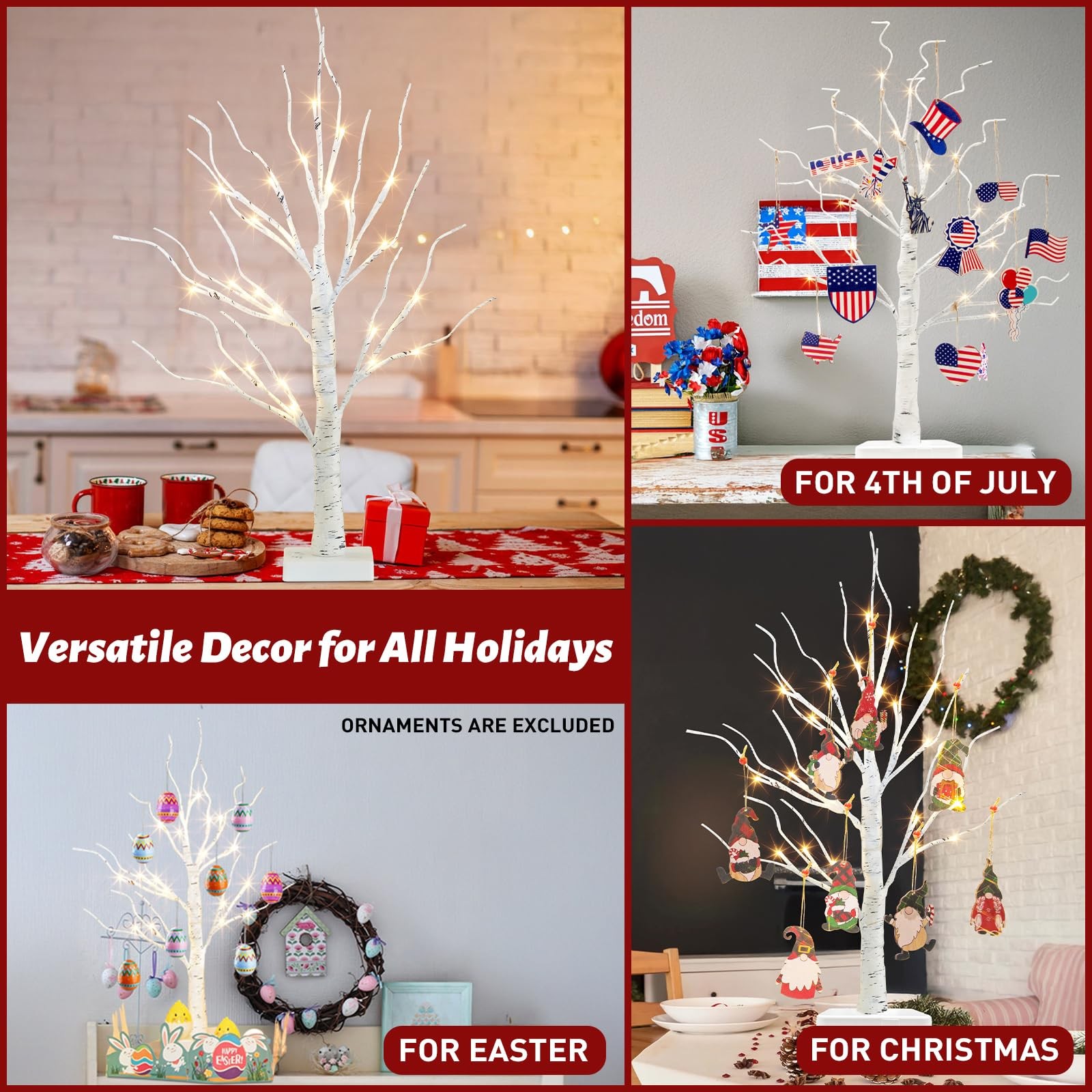 2FT Birch Tree with LED Lights Christmas Tabletop Decor, Battery Powered