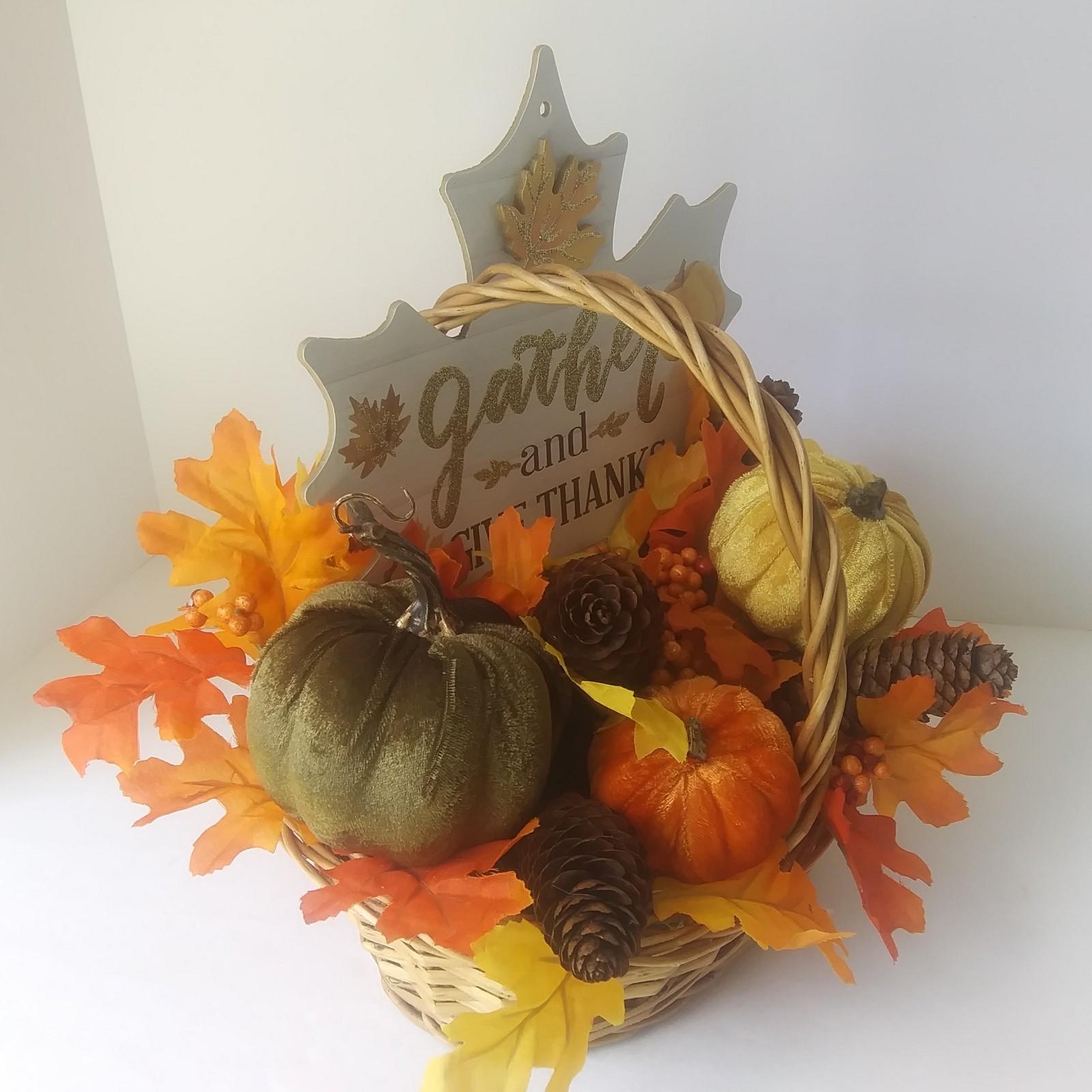 Fall Harvest Basket Centerpiece Gather & Give Thanks Pumpkins Pinecones Decor