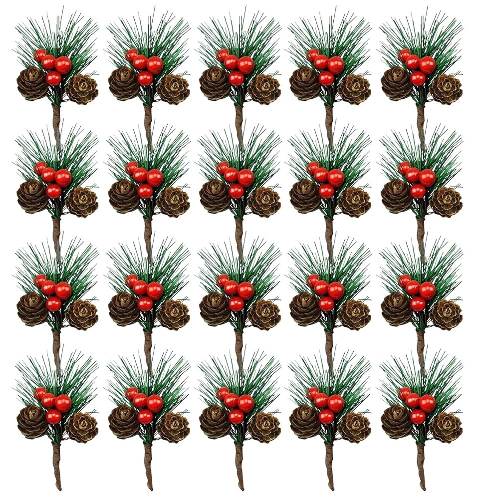 20PCS Artificial Red Berry Pine Picks Pine Needles Branches with Red Berry St…