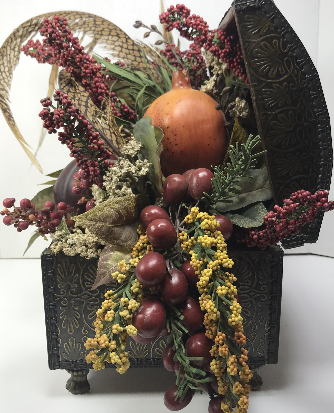 Designer Arrangement Feather Silk Floral Fruit 17” HomeDecor Metal Texas Box EUC