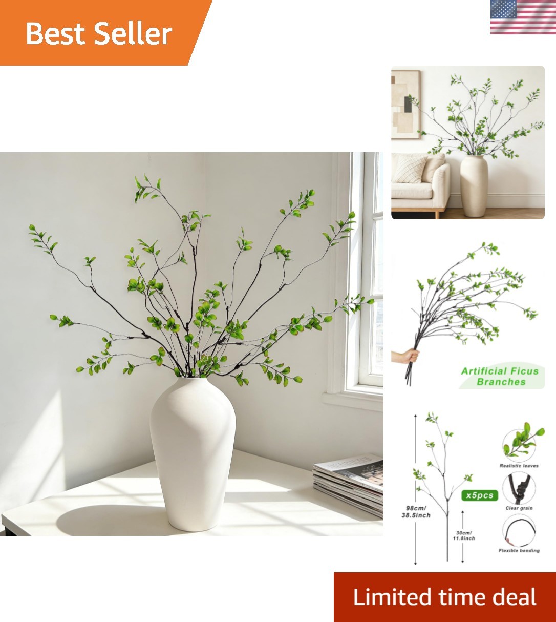 5 Pcs Artificial Ficus Branches for Vase, 38.5 Inch Faux Greenery Stems Reali…