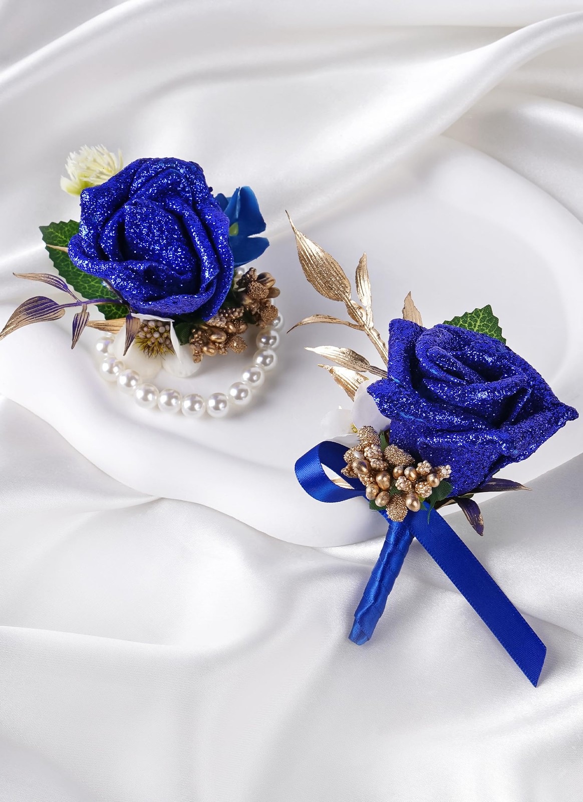 2 PCS Blue Boutonniere Corsage Set Artificial Flowers Wrist Wedding Prom Groom