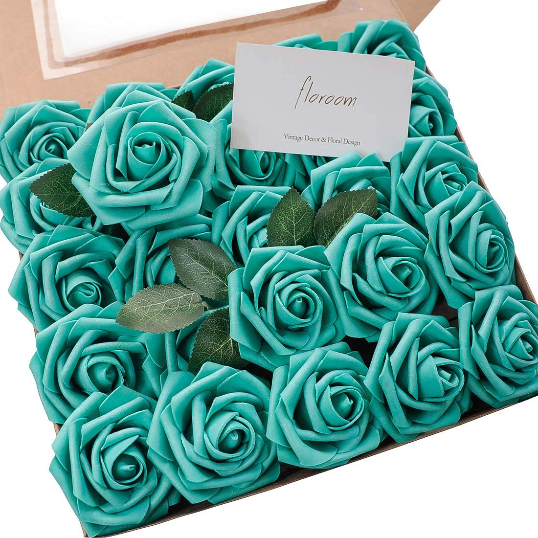 Artificial Flowers 25pcs Real Looking Teal Green Foam Fake Roses with Stems f…