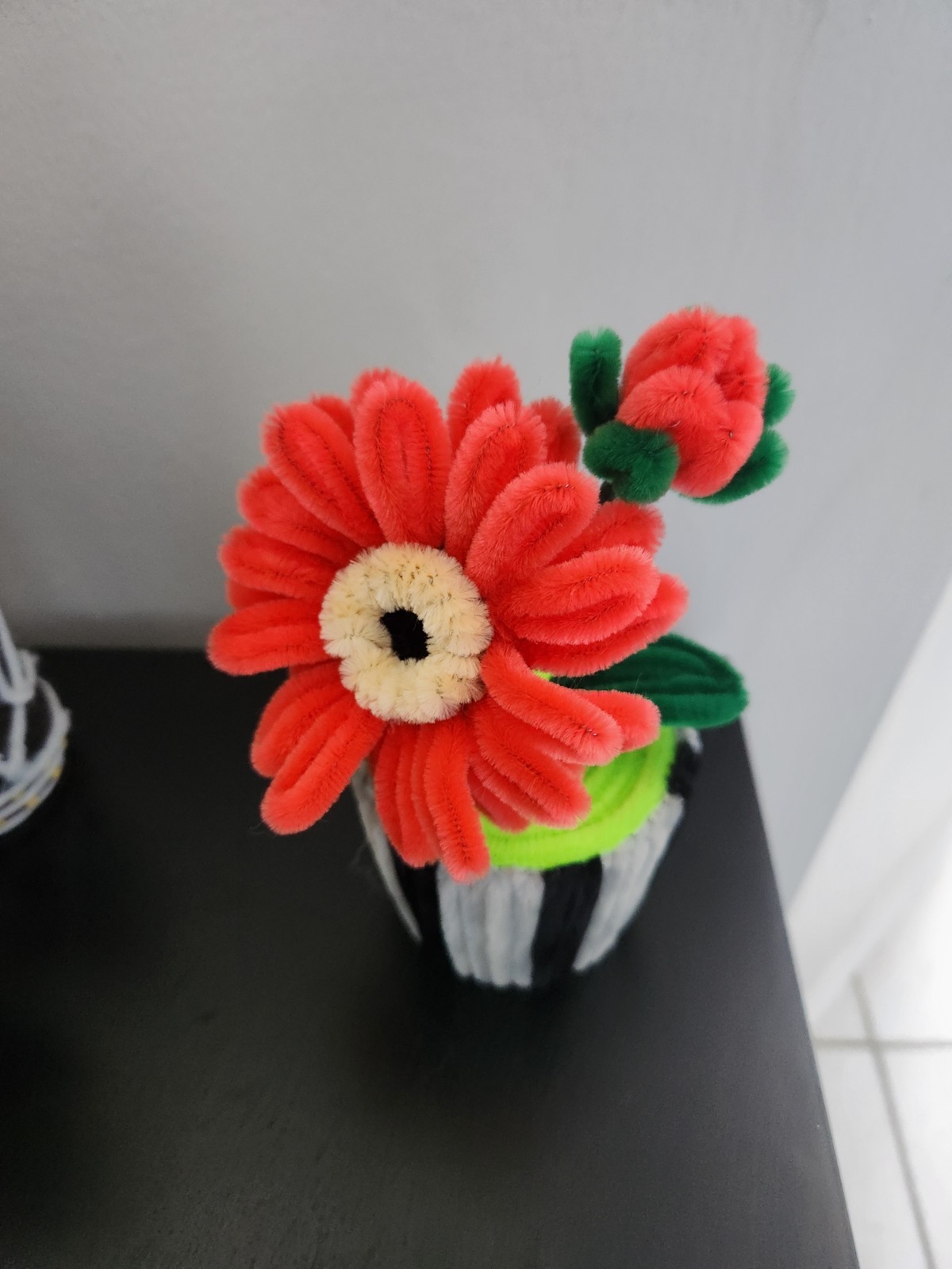 Artificial Felt Daisy Flower Pot Arrangement, Red Green Black White