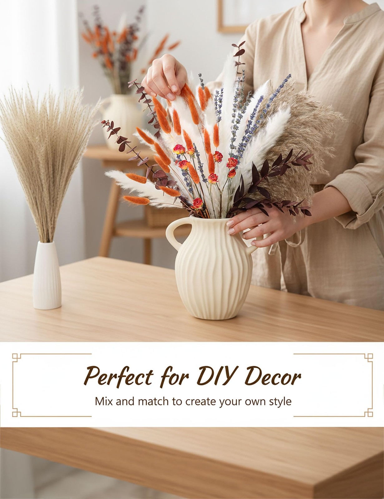 Pampas Grass Bouquet with Autumn Roses and Eucalyptus Leaves, 92 Pieces, for …