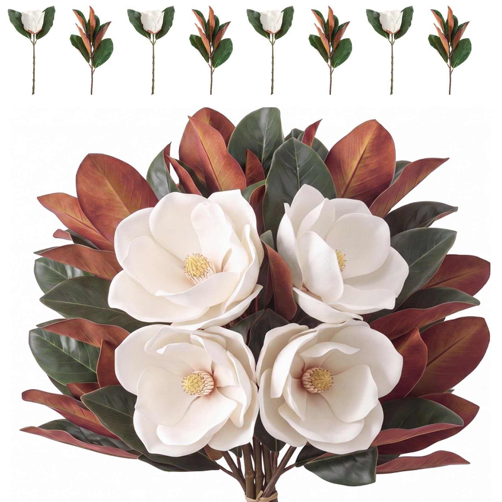 8 Pcs Magnolia Flower Set 4 White Artificial Magnolia Flower Stems 4 Branches…