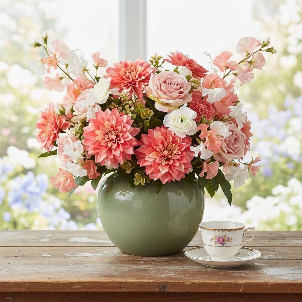 Coral Pink Dahlia Stem Bundle Faux Flowers Wedding Bouquet Flowers Farmhouse Flo