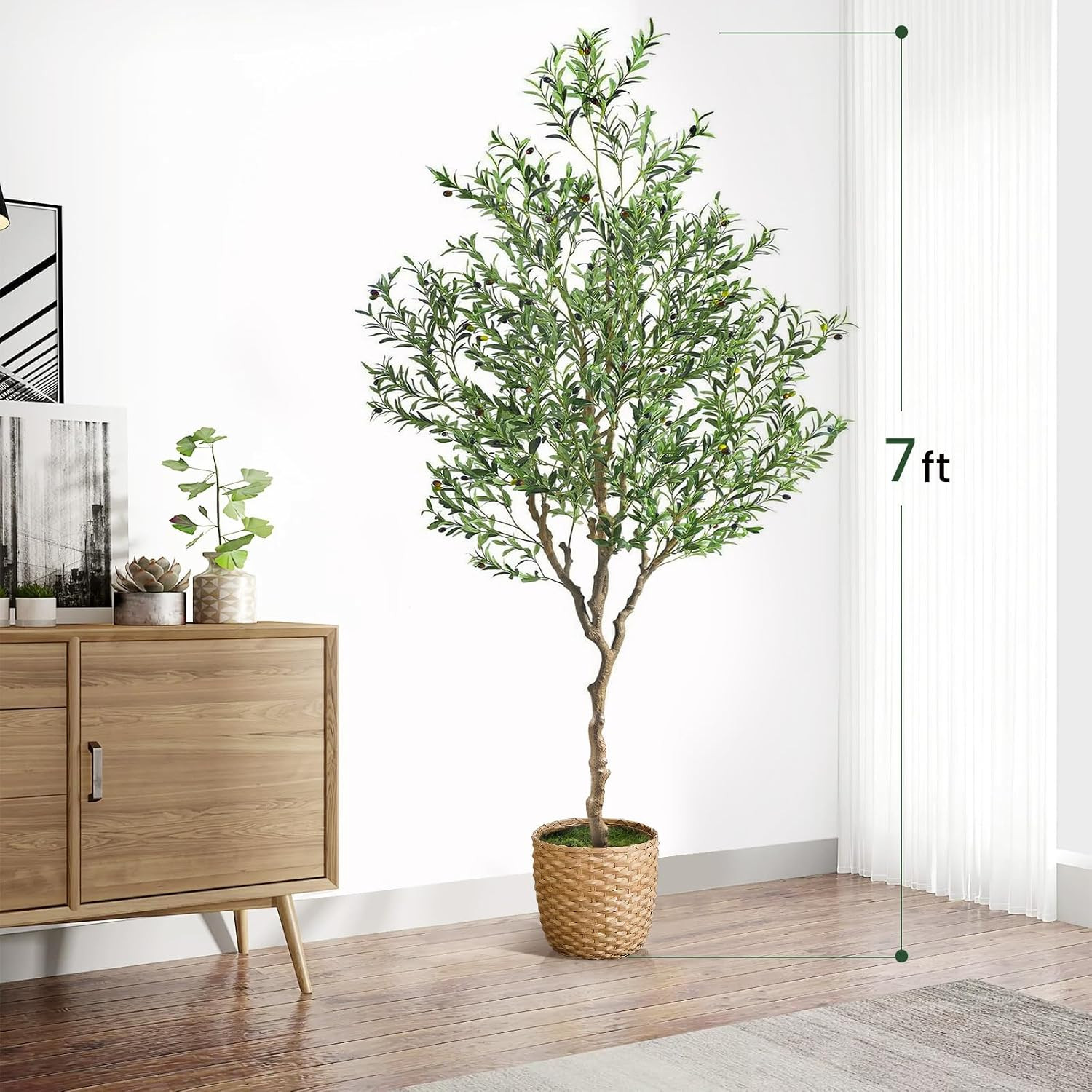 7ft Artificial Olive Tree Potted, Faux Indoor Plants with Natural Wood Trunk & L