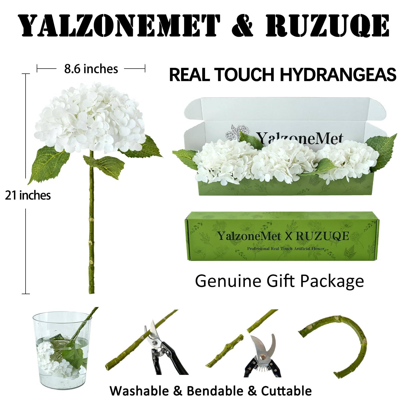 YalzoneMet 3 PCS White Hydrangea Artificial Flowers 21 inchs Real Touch Faux …