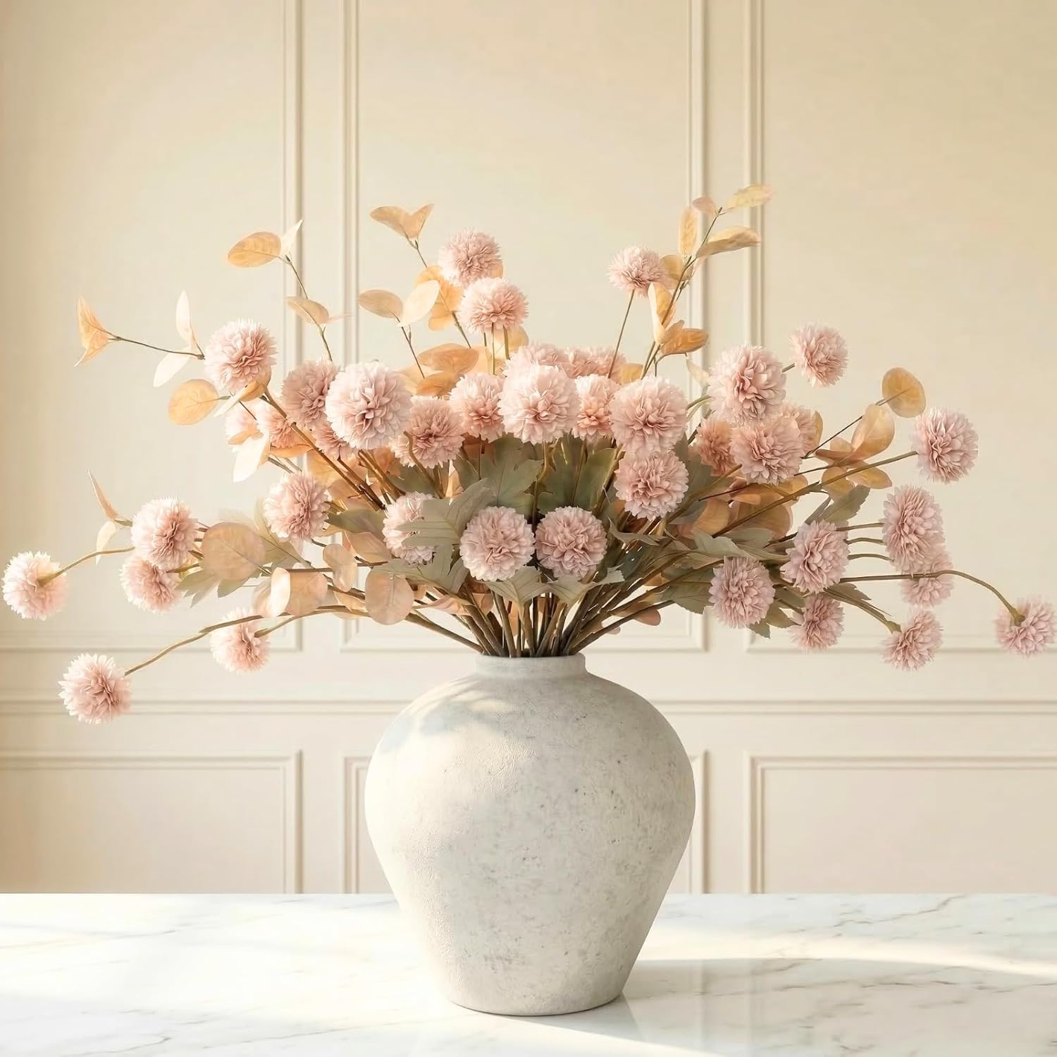 Artificial Flowers for Vase – Beige Silk Mums 10 Long Stems with Eucalyptus, Fau