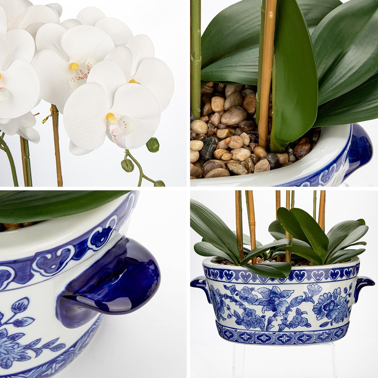 Elegant Blue & White Porcelain Pot with 19.7″ Faux Silk Orchid Arrangement
