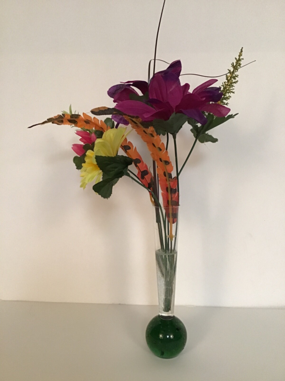 Vintage Green Solid Ball Vase Purple Yellow Flower Arrangement in Faux Water