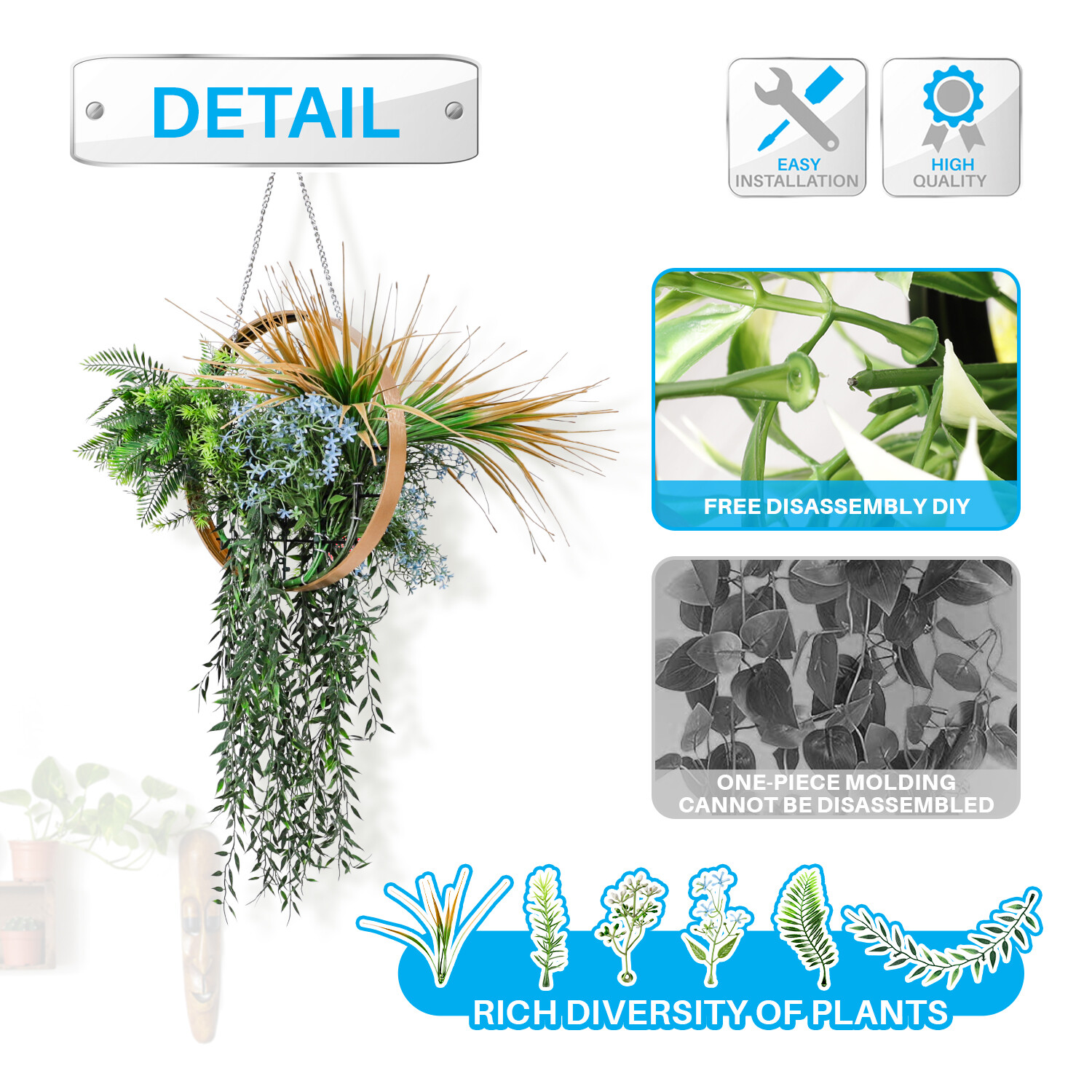 Patio Artificial Hanging Plants with Gold Frame 1Pcs for Wall House Office