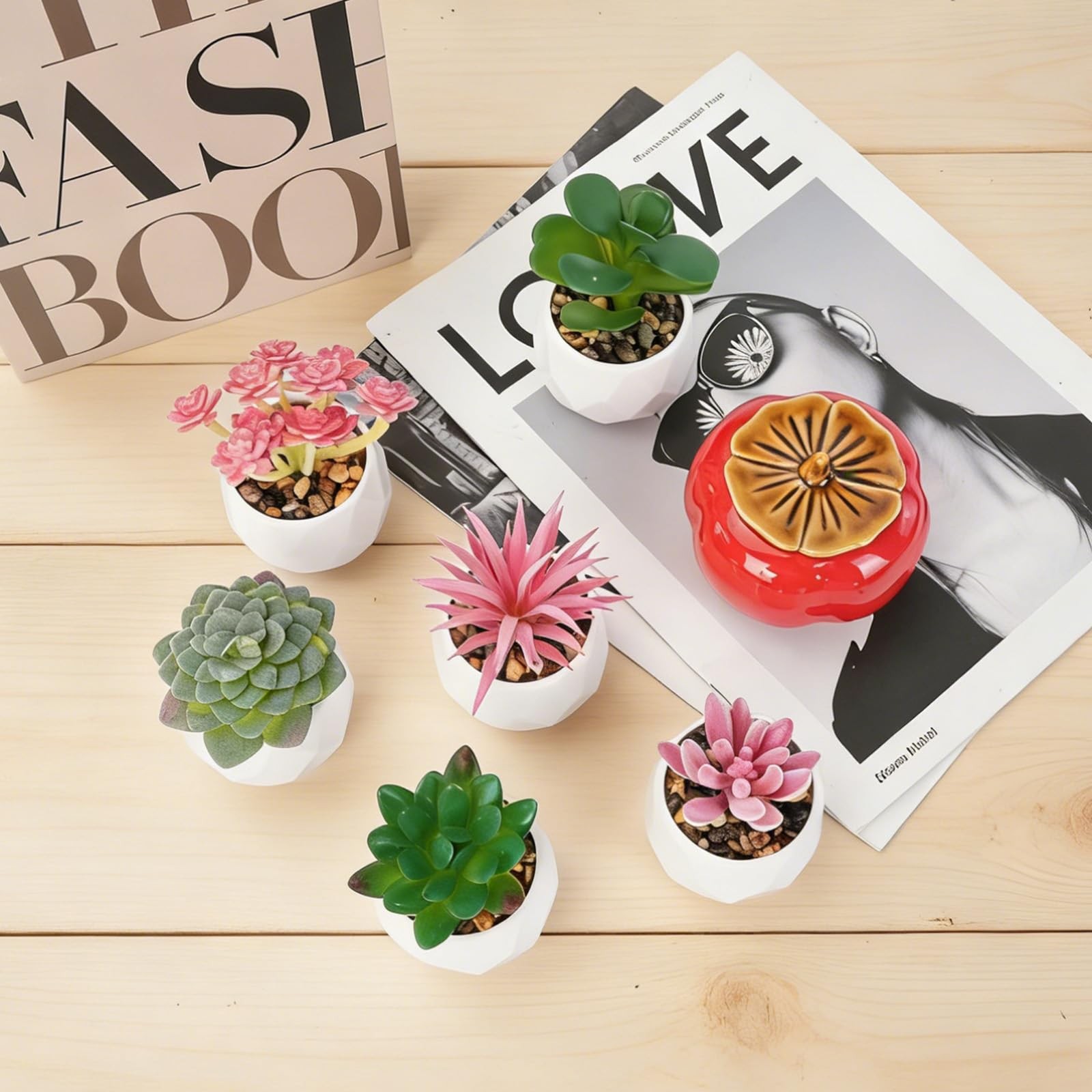6 PCS Artificial Succulents Faux Desk Plants White Plastic Pots Room Decor