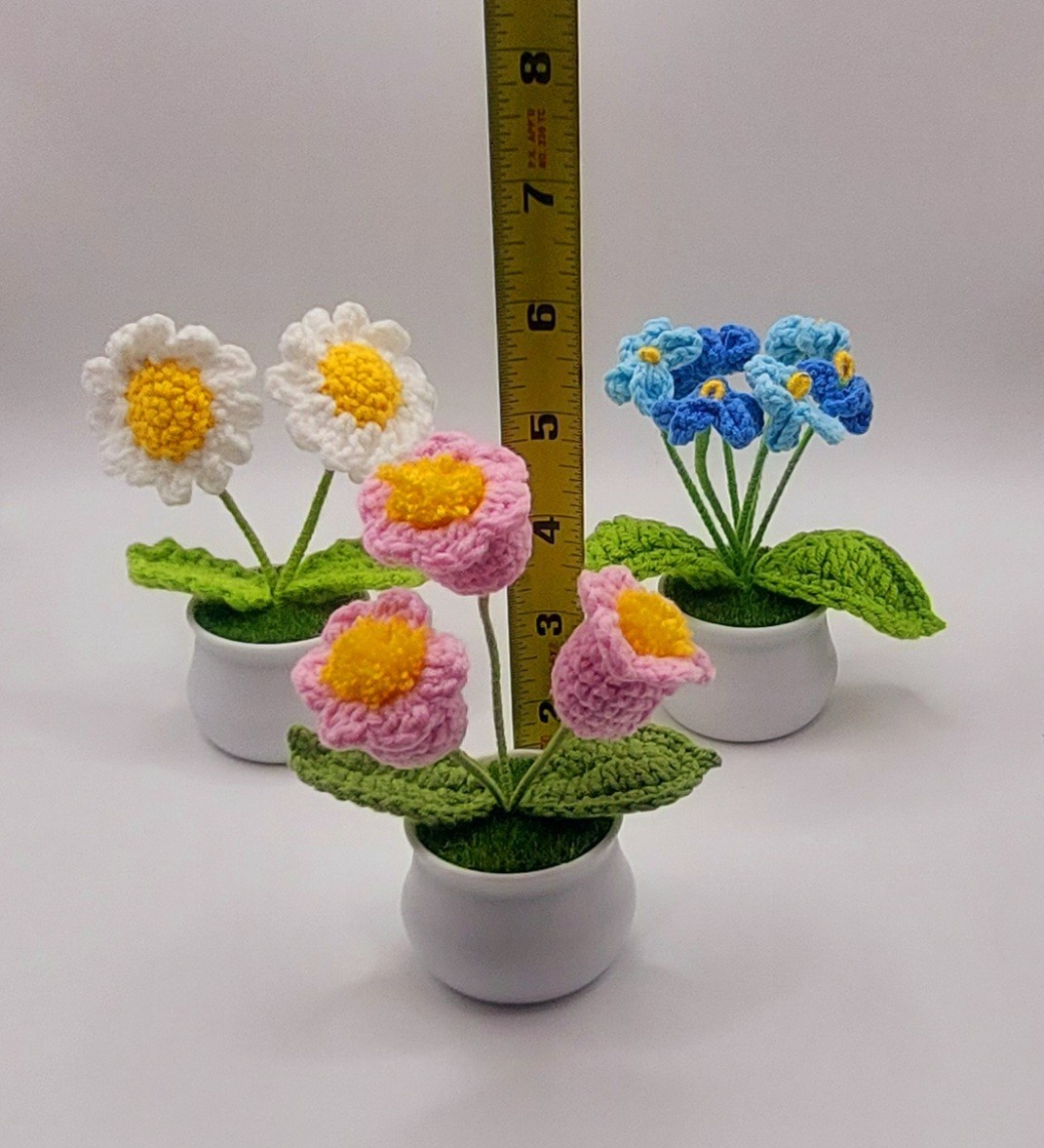 Crocheted Handmade Spring Flowers In Mini Pot W/Grass, Posable~Variety You Pick