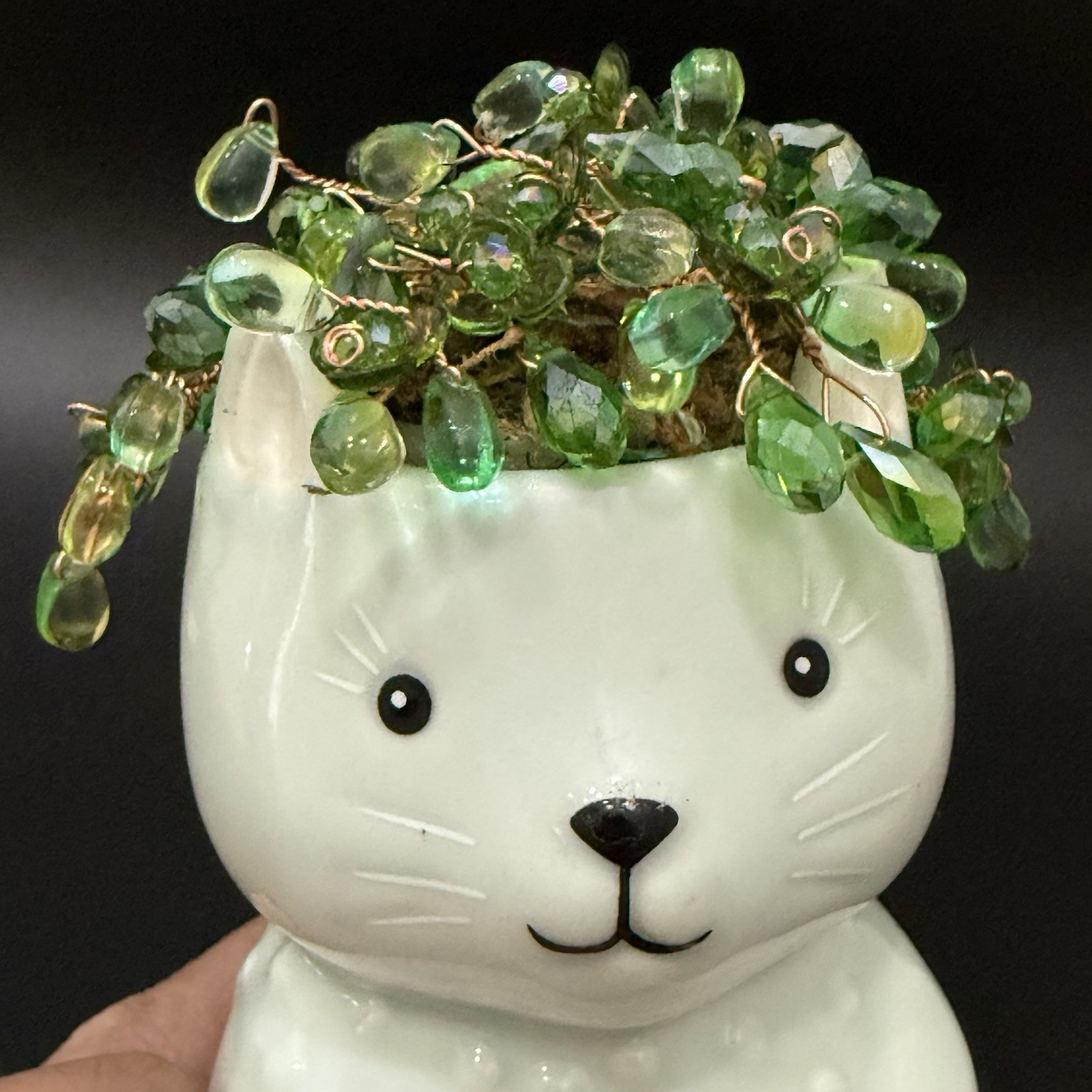 Handmade Beaded Forever Plant Crystal Teardrop Beads 4.5” Ceramic Bear Planter