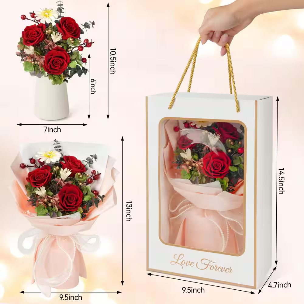 13 In. Red Artificial Everlasting Rose Bouquet-Includes Gift Box and Greeting Ca