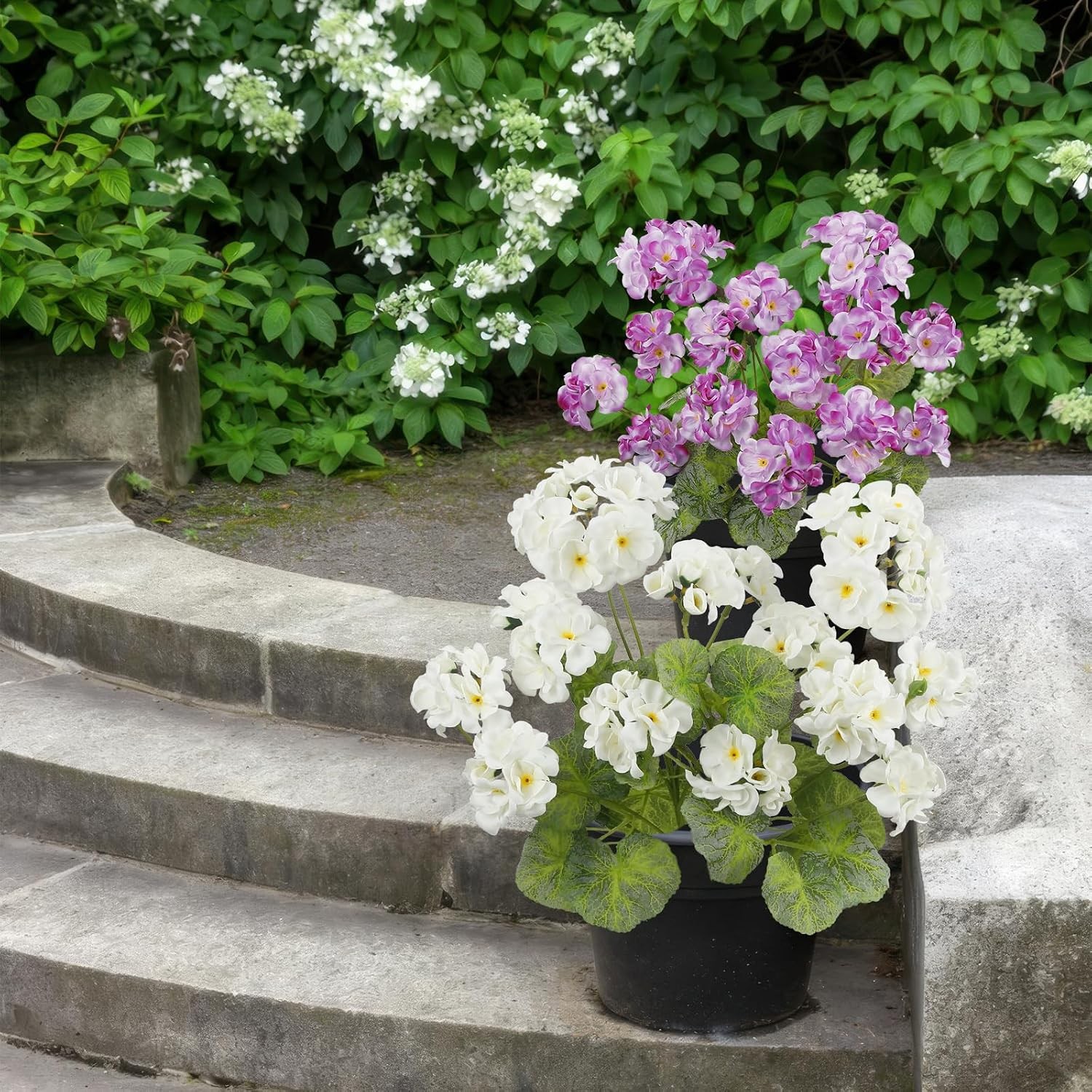 2 Pcs Artificial Geraniums for Outdoors 23” Faux Flowers White Silk Geraniums