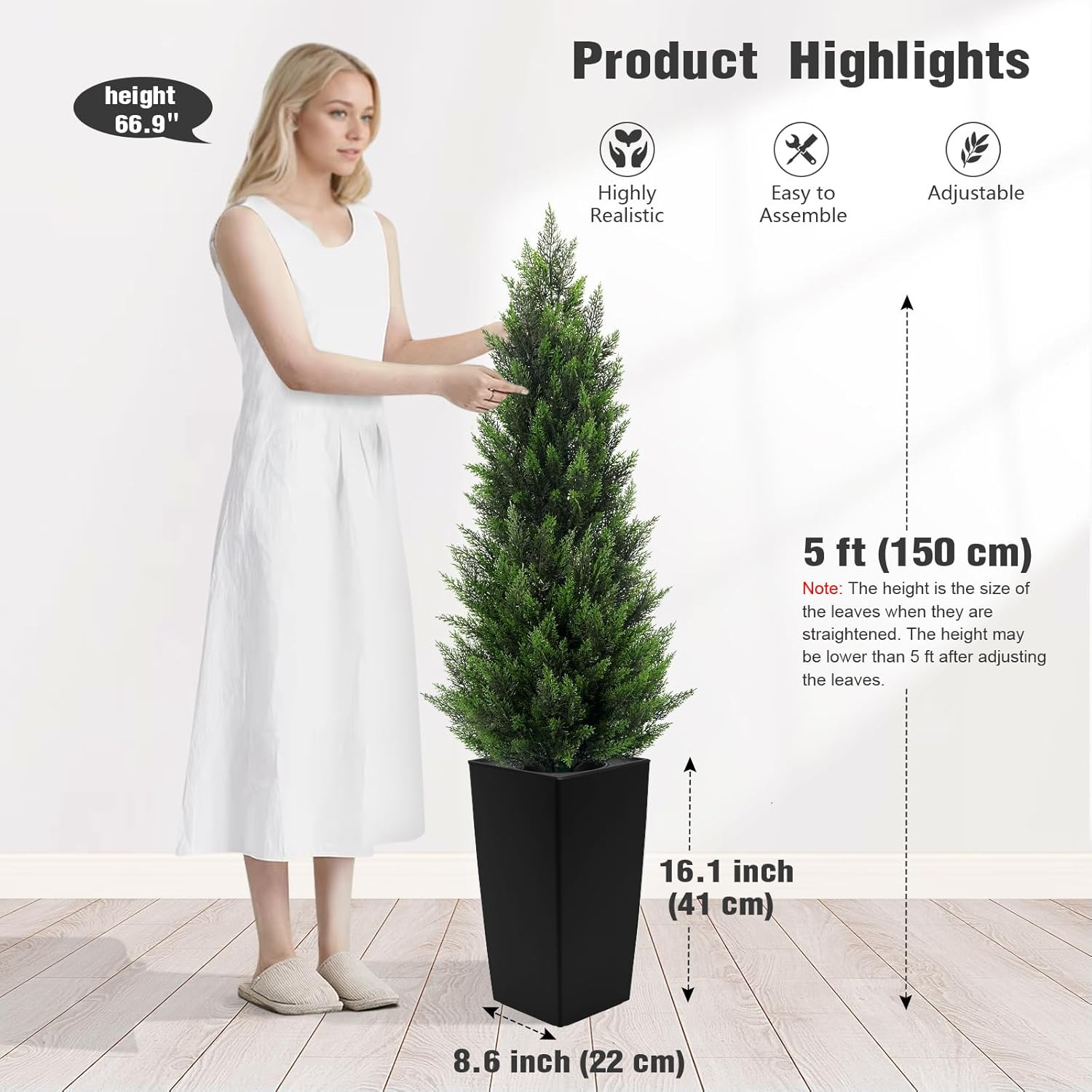 5FT Tall 2 Pack Artificial Cedar Topiary Trees with Compact Pyramidal Shape, Rea