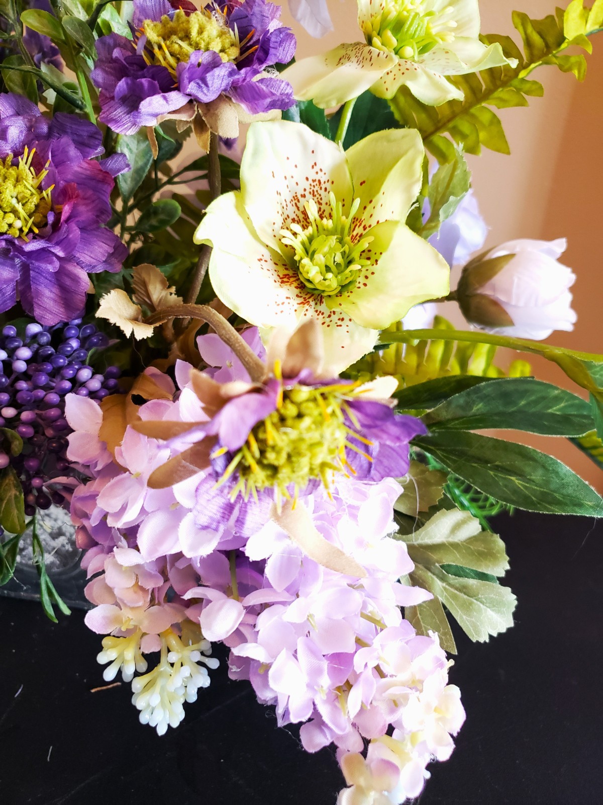 Purple & Lavender Lilac Arrangement in Oblong Silver Container – Peony, Scabiosa