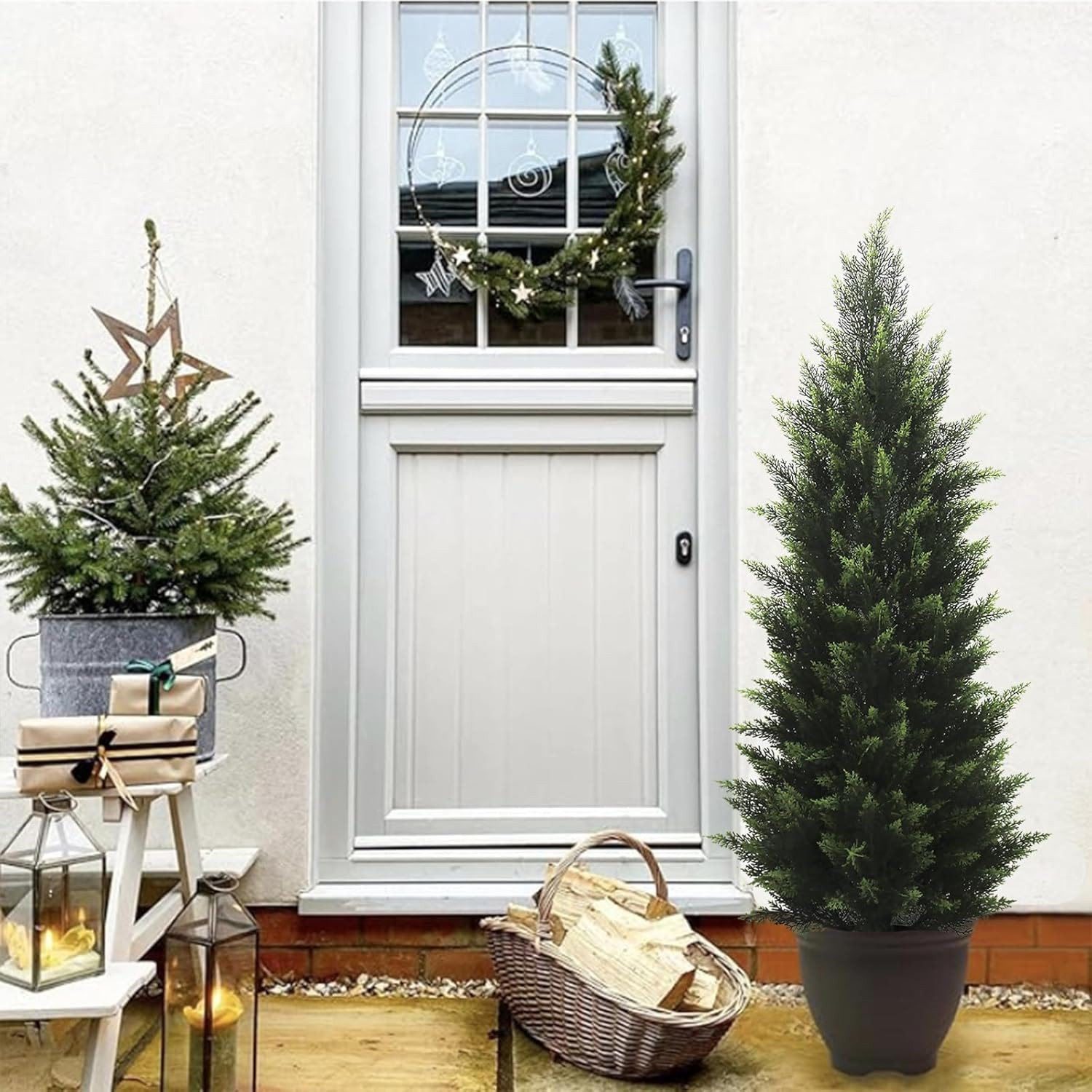 Set of 2 UV Rated 4FT Lifelike Artificial Cedar Topiary Trees for Outdoor Decor