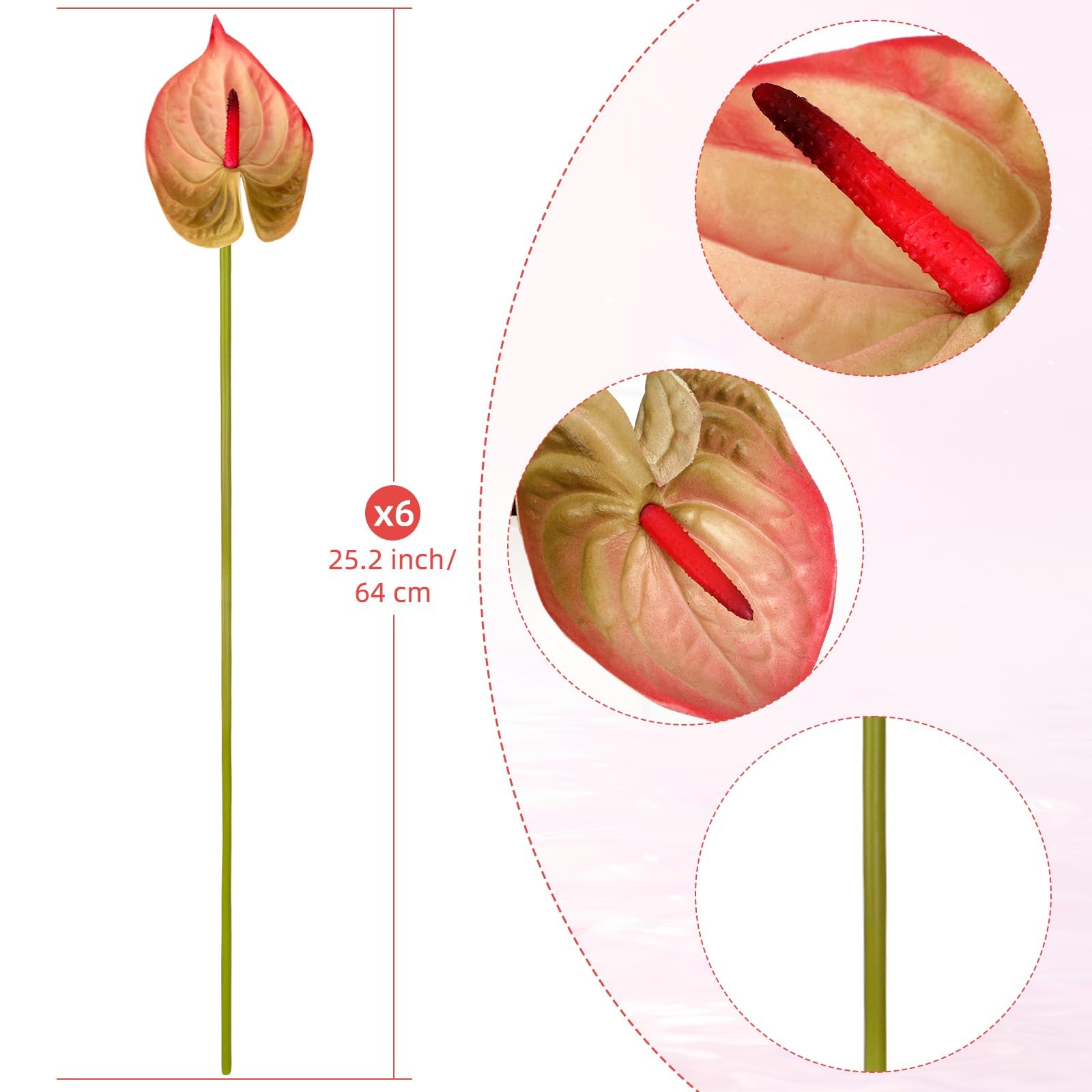Dusty Pink Anthurium Artificial Flowers Faux Silk Real Touch 25.2″ 6 PCS