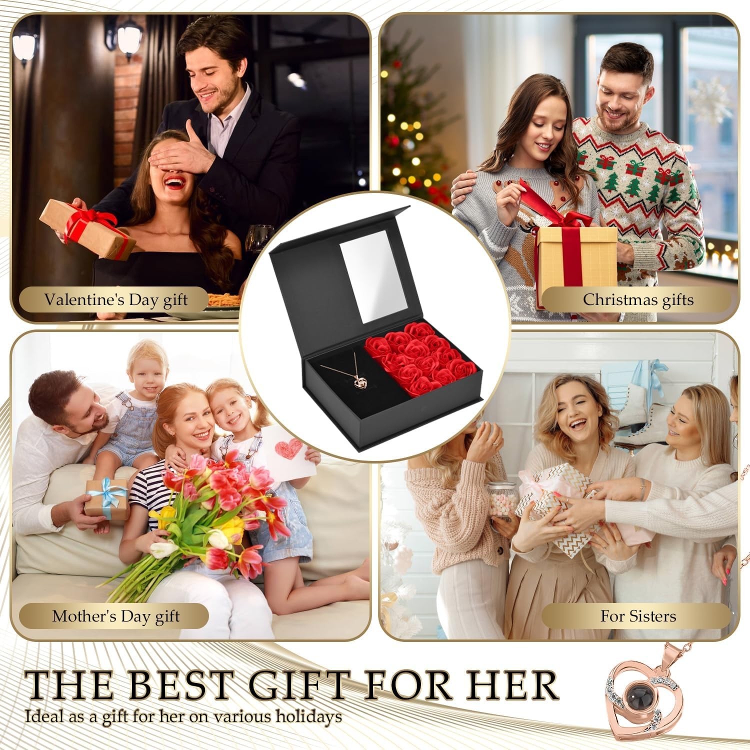 Preserved Eternal Real Rose Flower Gift Box With 14K Gold Plated Silver Necklace