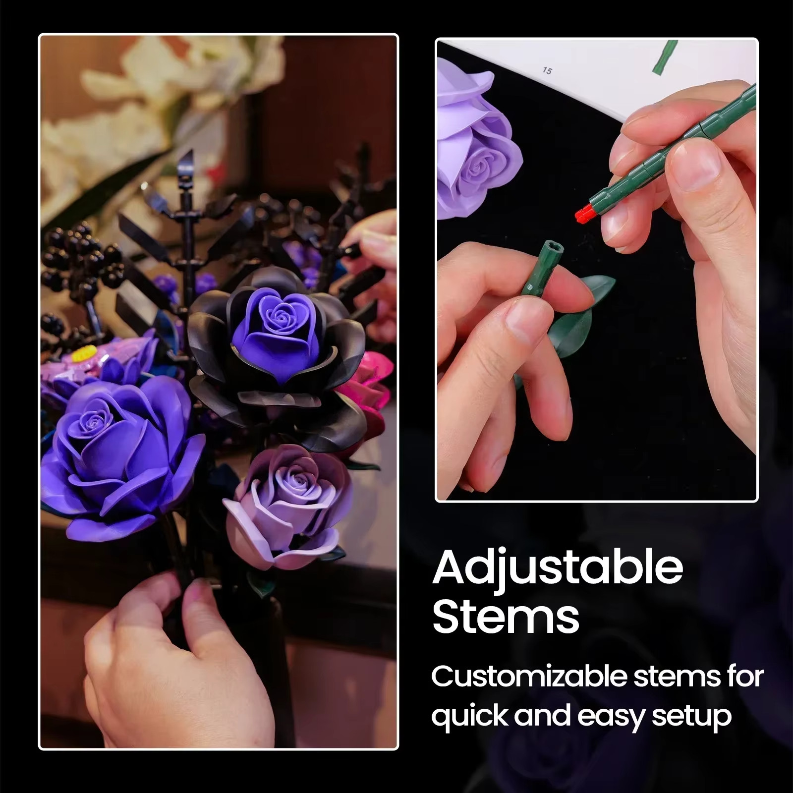 Purple Rose Botanical Building Block Set,Gothic Decor Artificial Rose Flower