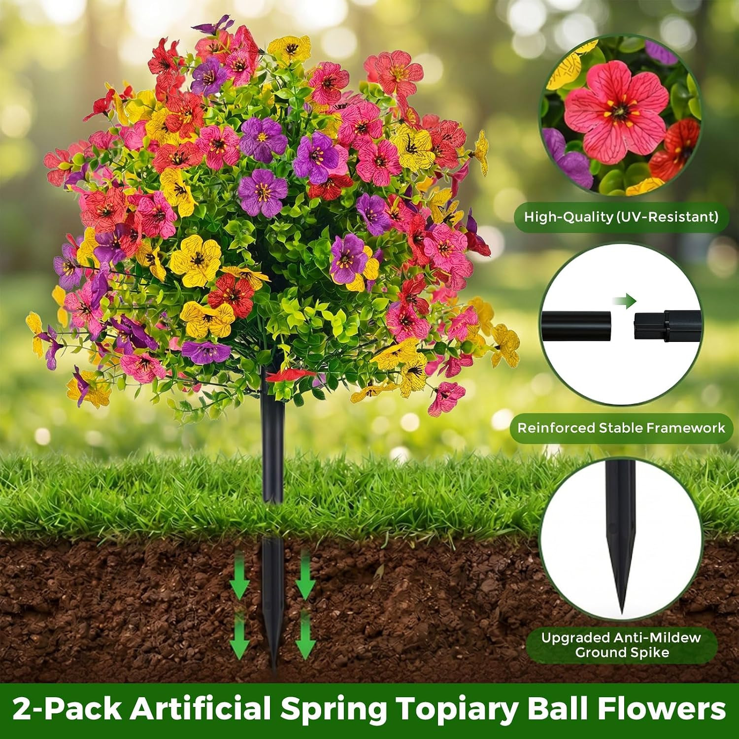 21″ UV Resistant Artificial Topiary Ball Flowers with Battery Lights – 2 Pack