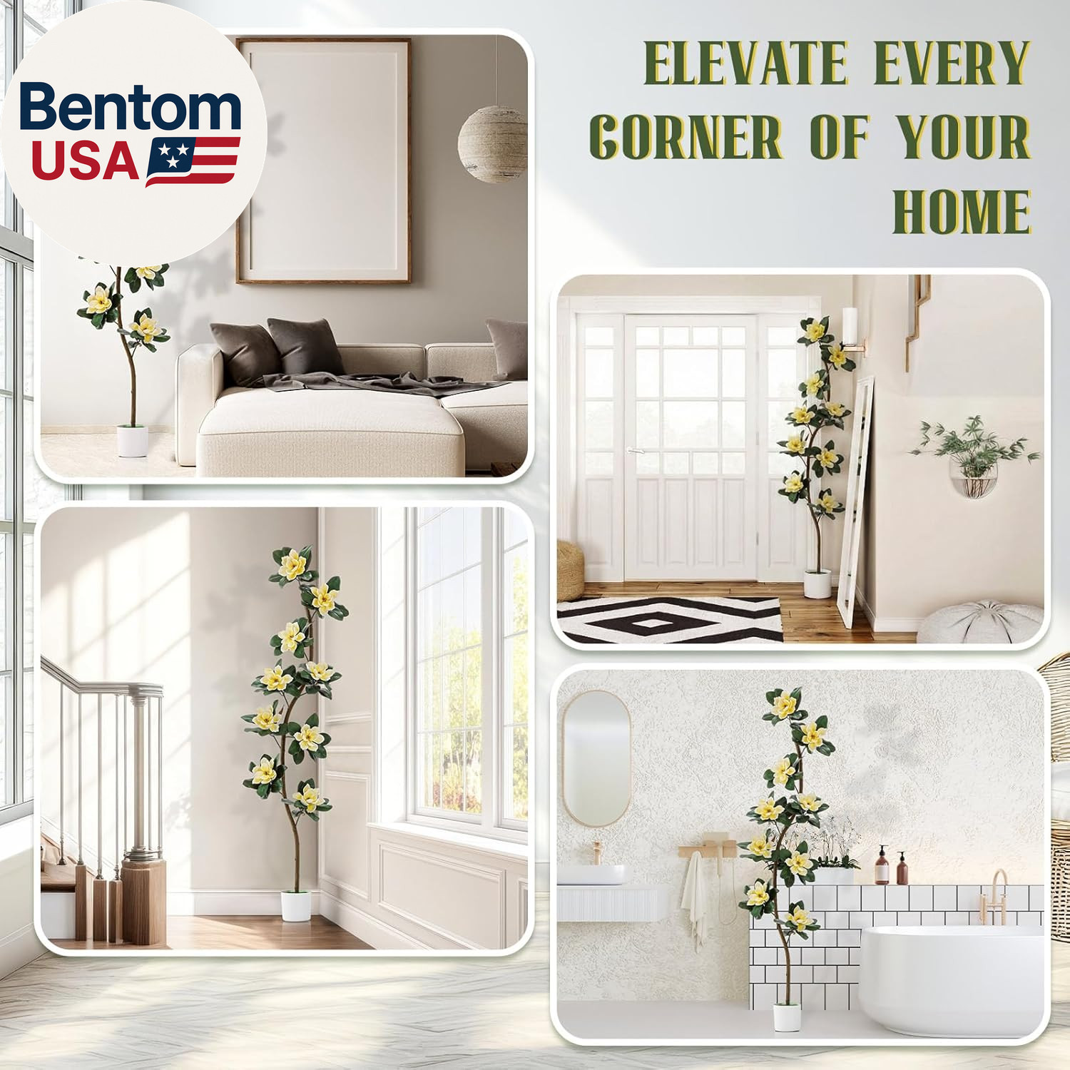 7 Ft Artificial Rubber Tree with 9 Magnolia Flowers in Pot Extra Tall Faux Magno