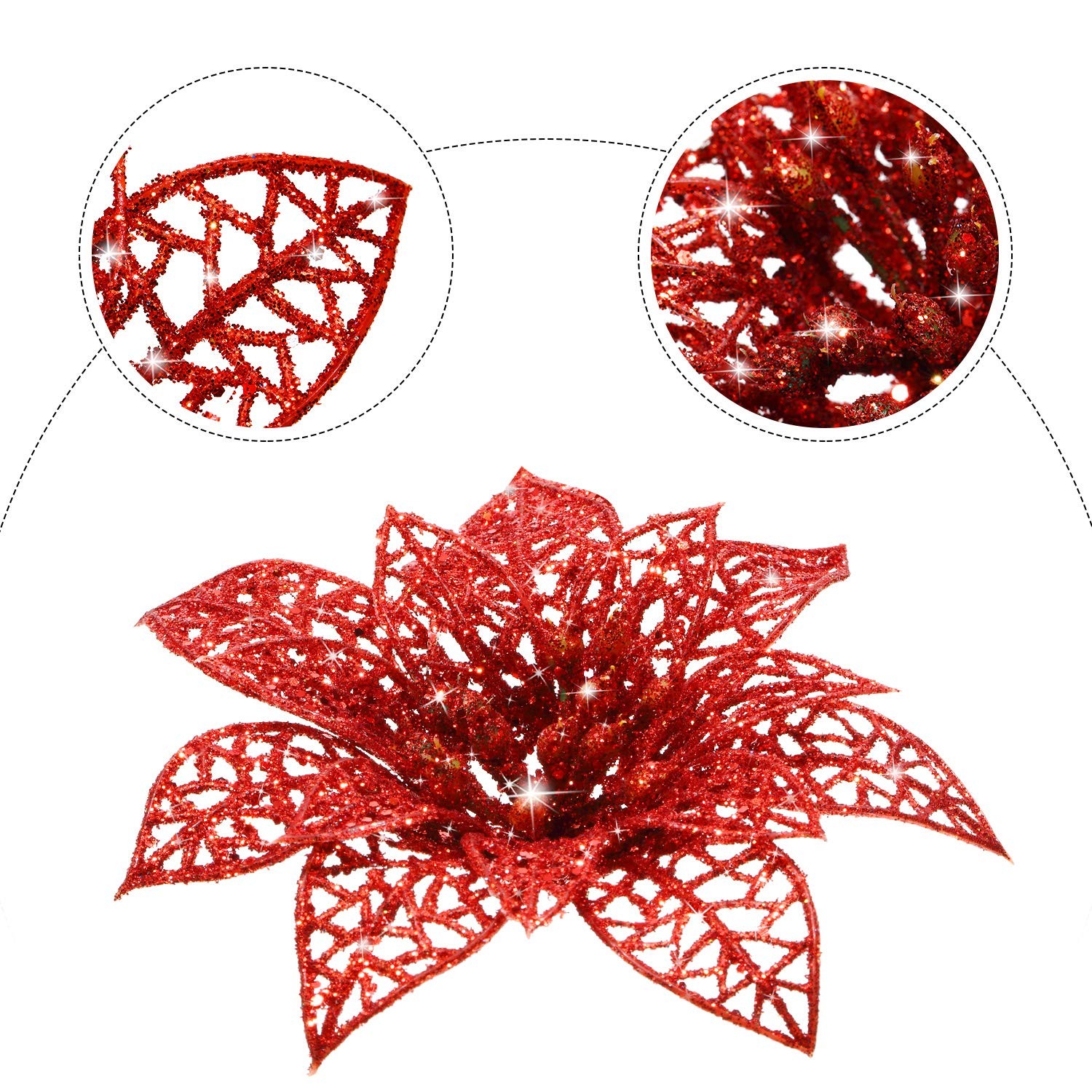 36 PCS Artificial Christmas Poinsettia Flowers Glitter Tree Ornaments Decor
