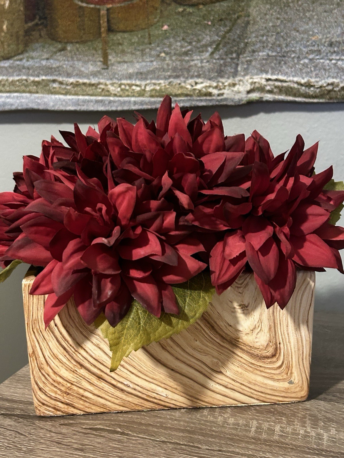 Heavy Faux Stone Planter Deep Red Silk Dahlias Floral Arrangement Centerpiece