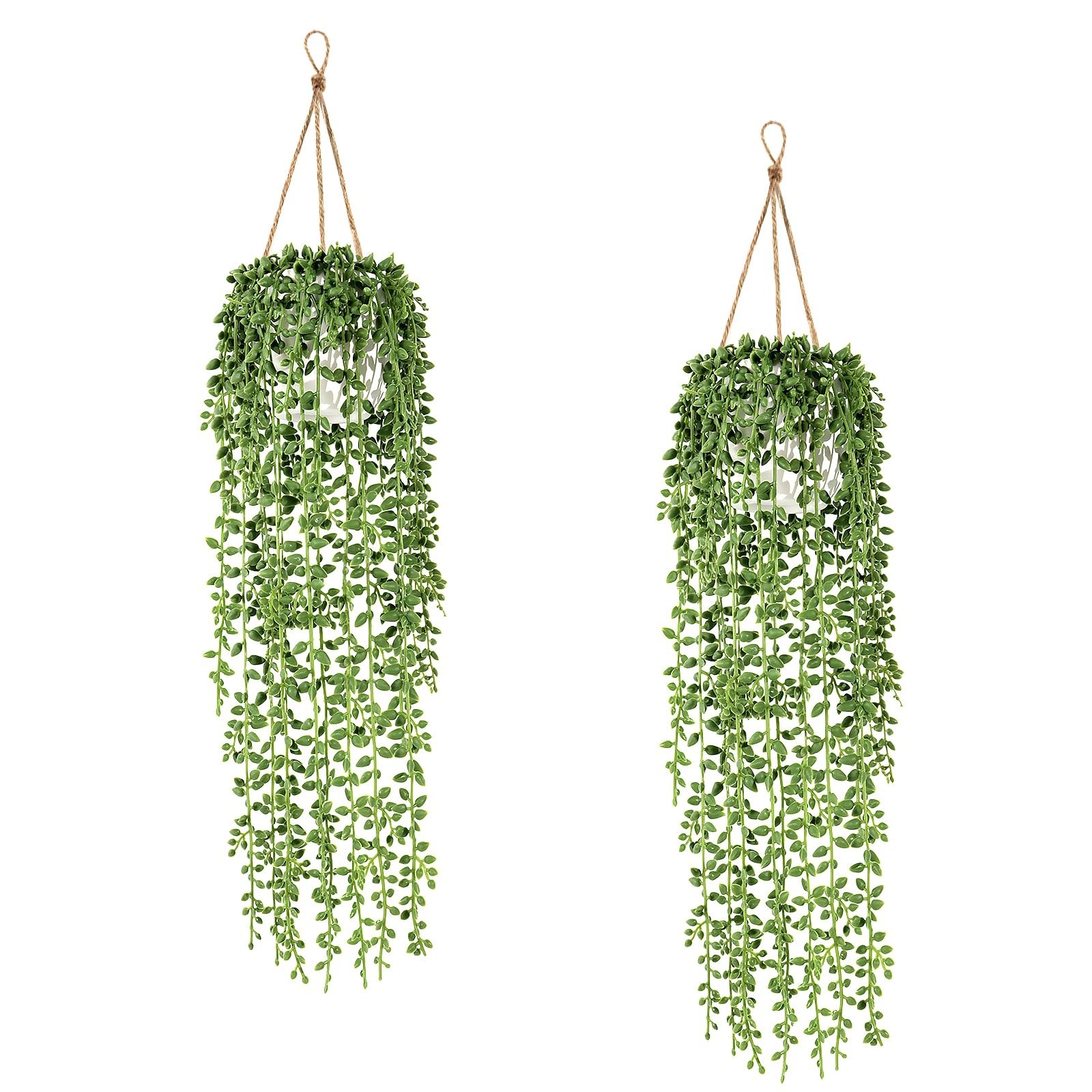 2 Pcs Artificial Hanging Plants – Realistic String of Pearls, Indoor/Outdoor Dec